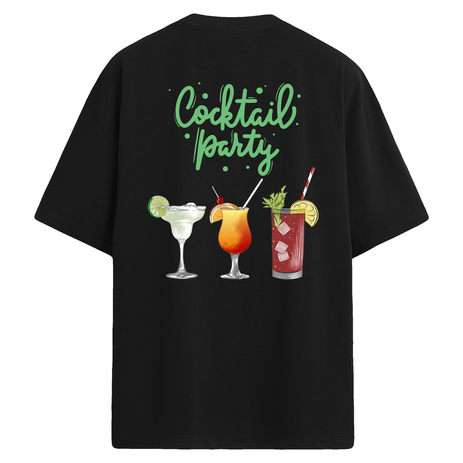 Cocktail Party yazılı, üç kokteyl figürlü sırt baskılı oversize tişört tasarımı