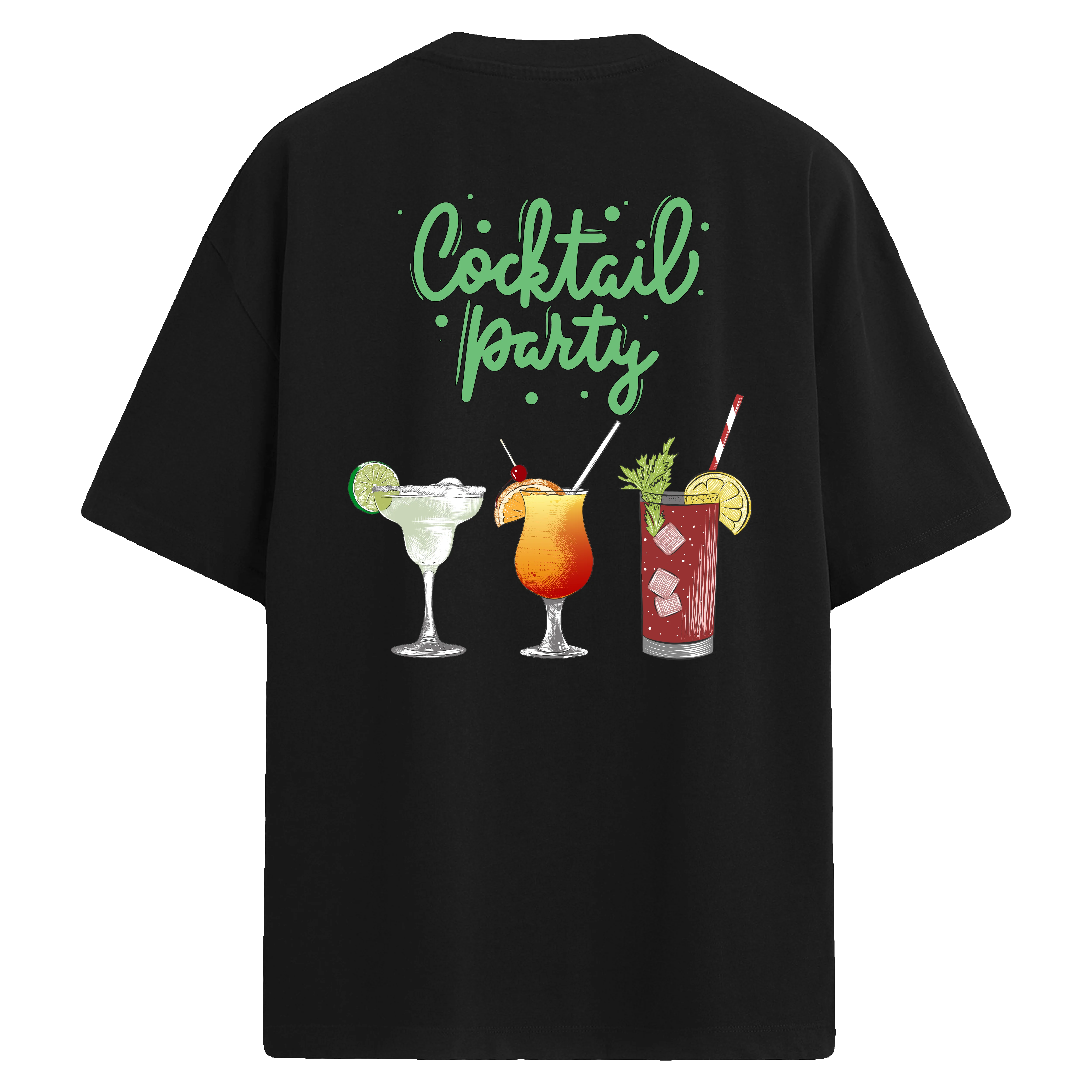 Cocktail Party yazılı, üç kokteyl figürlü sırt baskılı oversize tişört tasarımı