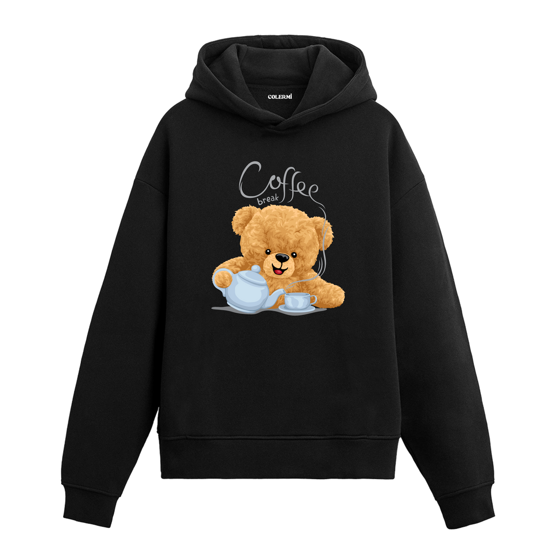 Kahve molası yapan sevimli ayıcık figürlü hoodie tasarımı.