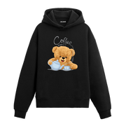 Kahve molası yapan sevimli ayıcık figürlü hoodie tasarımı.