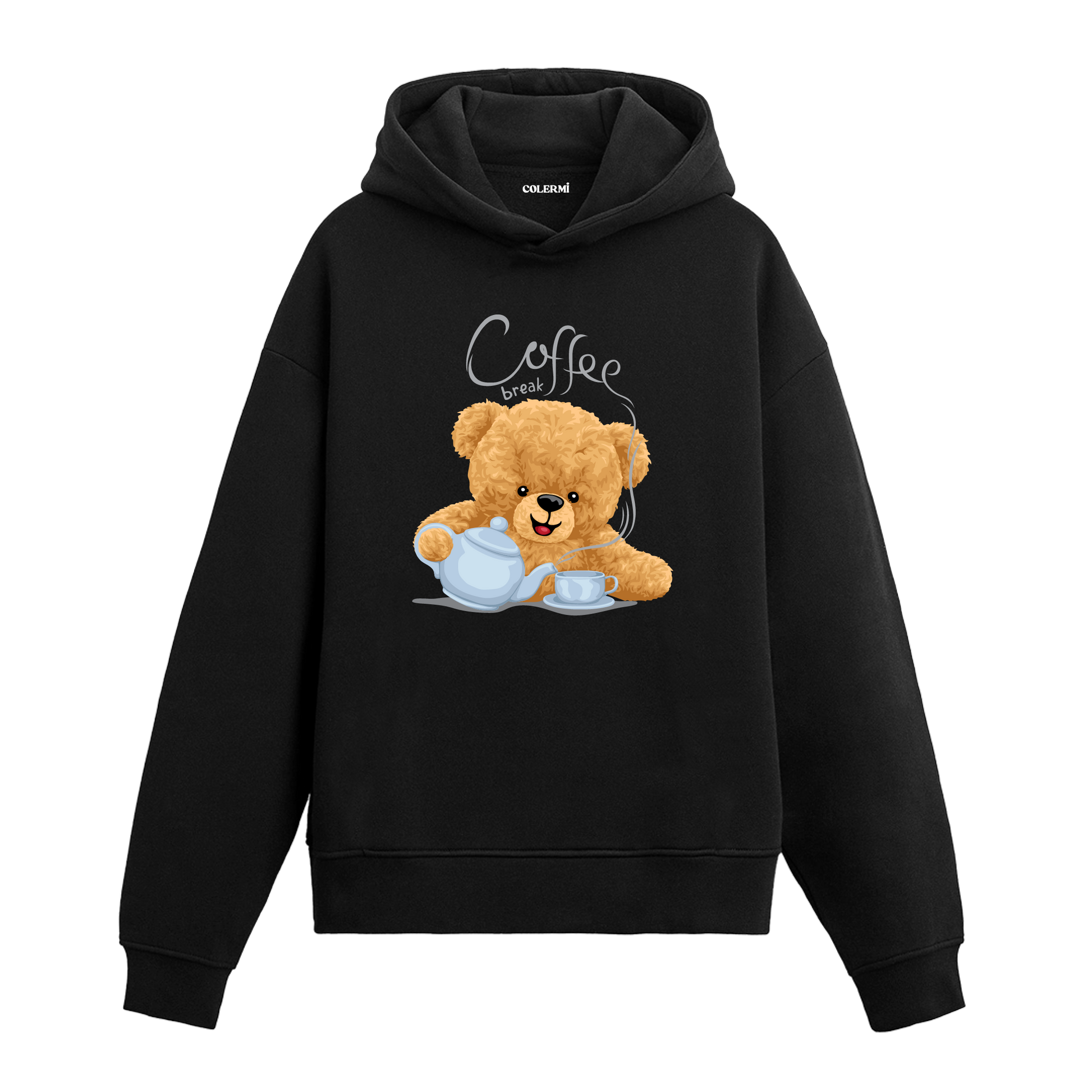 Kahve molası yapan sevimli ayıcık figürlü hoodie tasarımı.