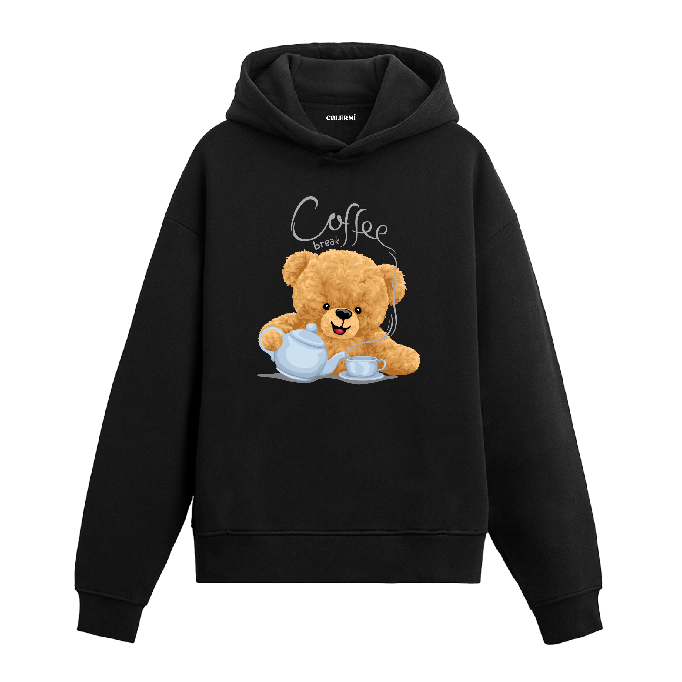 Kahve molası yapan sevimli ayıcık figürlü hoodie tasarımı.