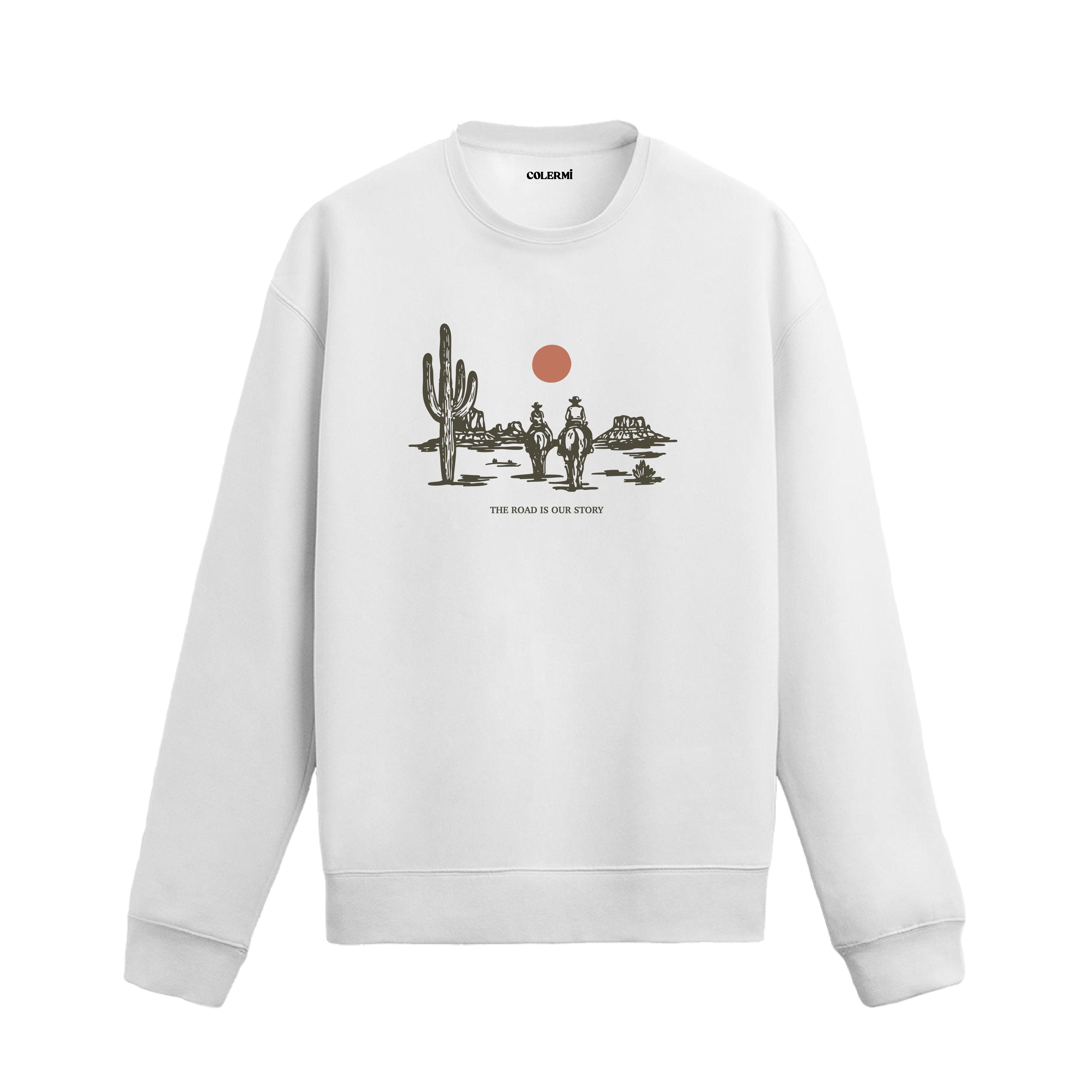 Çölde at üstünde yol alan iki kovboy ve kaktüs figürlü sweatshirt tasarımı.
