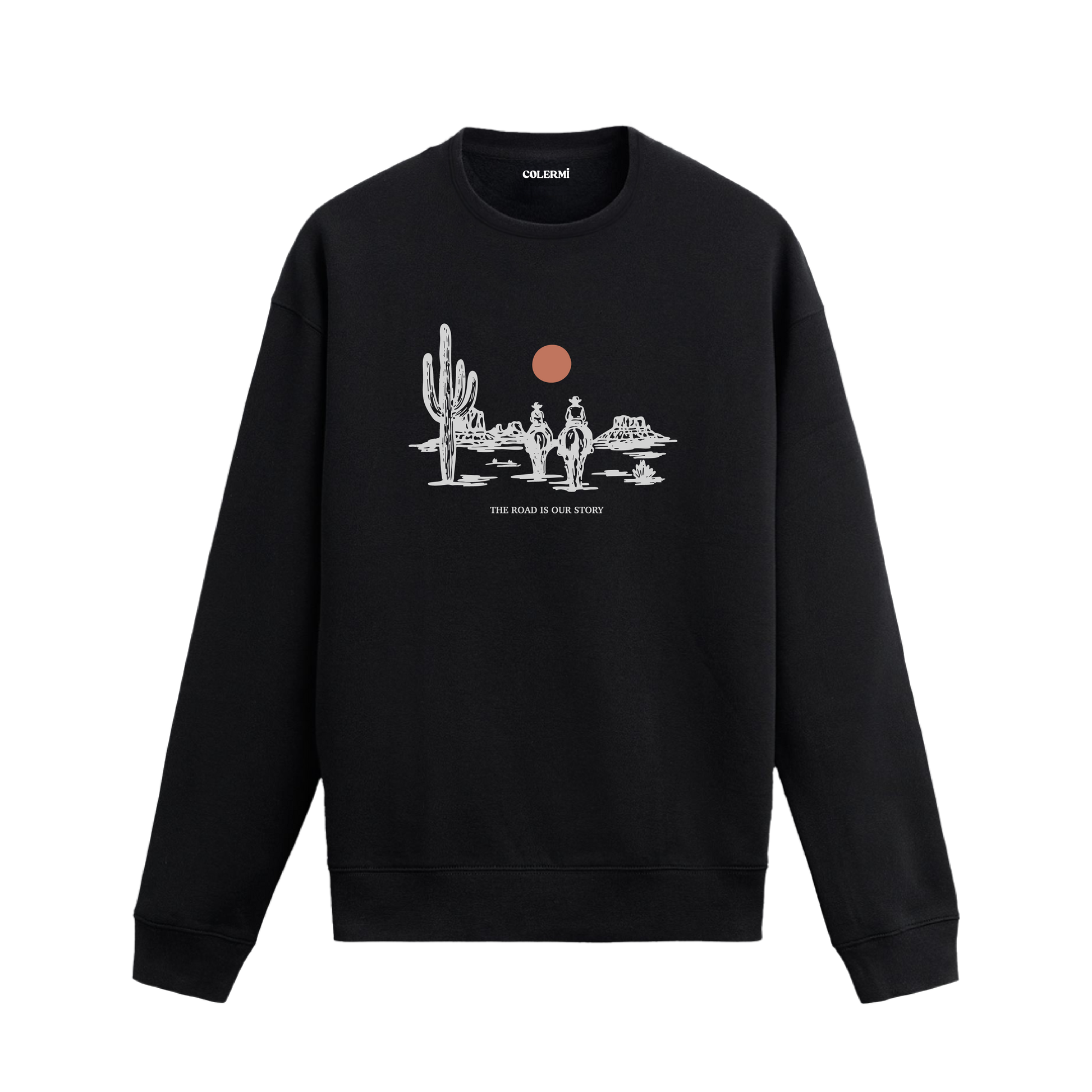 Çölde at üstünde yol alan iki kovboy ve kaktüs figürlü sweatshirt tasarımı.