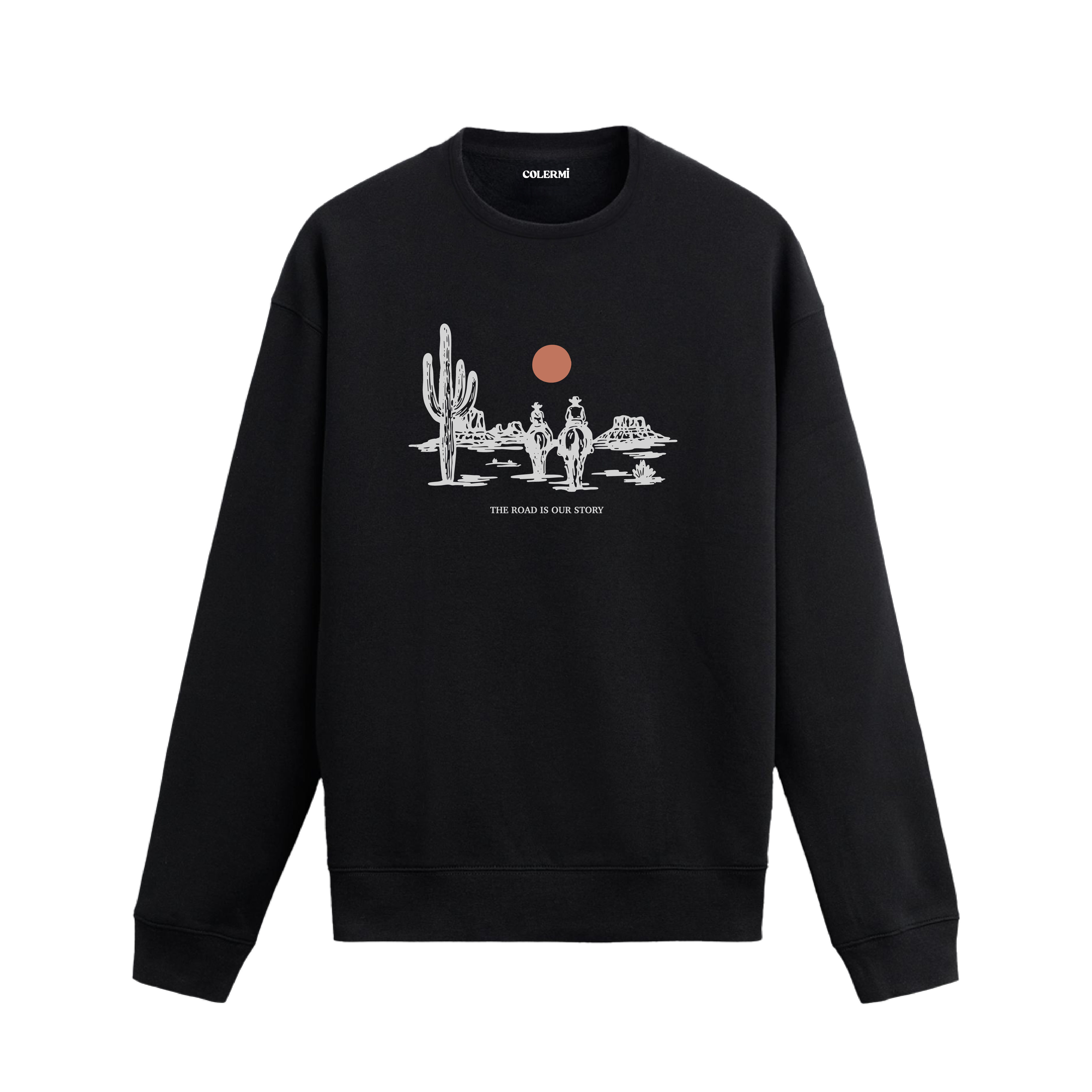 Çölde at üstünde yol alan iki kovboy ve kaktüs figürlü sweatshirt tasarımı.