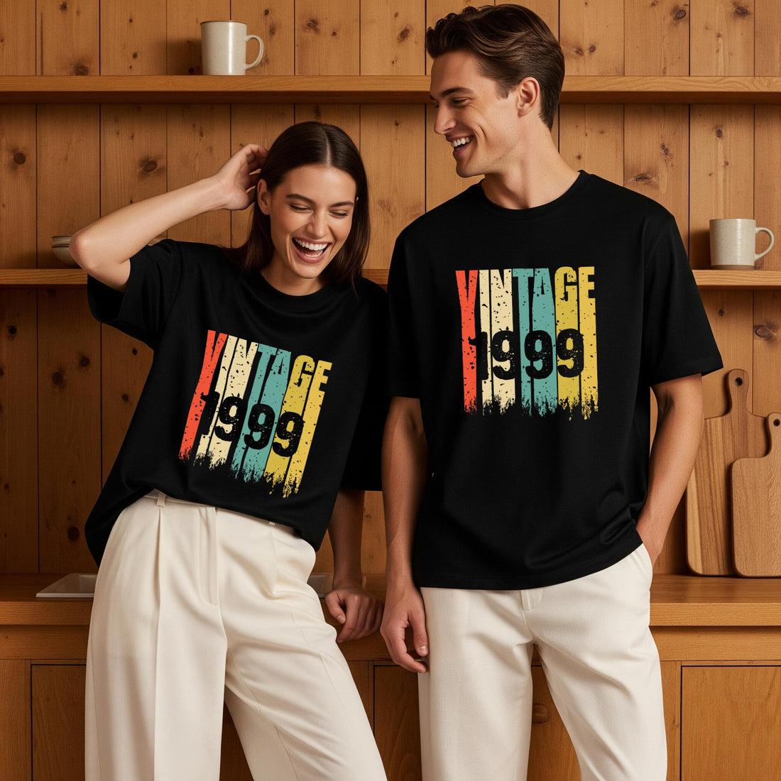 Colermi Era Vintage Oversize Tişört koleksiyonundan 1999 baskılı unisex modelleri sergileyen iki model.