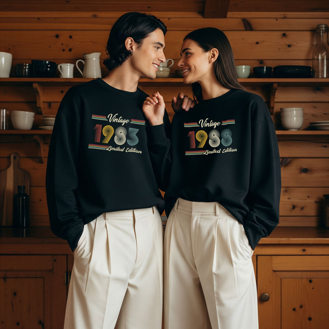 Colermi Klasik Vintage Sweatshirt koleksiyonundan 1983 ve 1988 baskılı unisex modelleri sergileyen iki model.