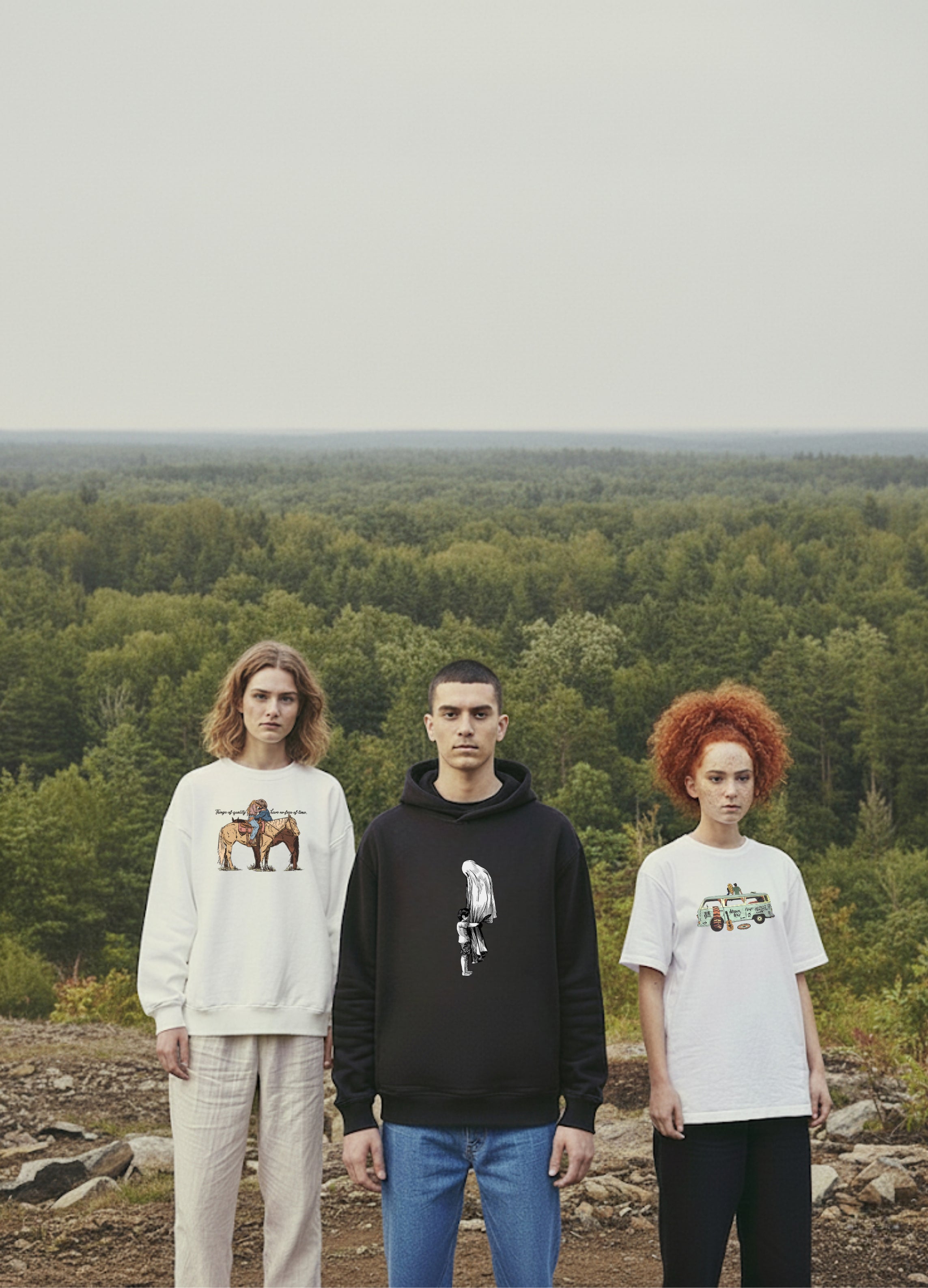 Colermi koleksiyon rehberi görseli, doğa manzarası önünde sweatshirt ve tişört tasarımlarını giyen üç model