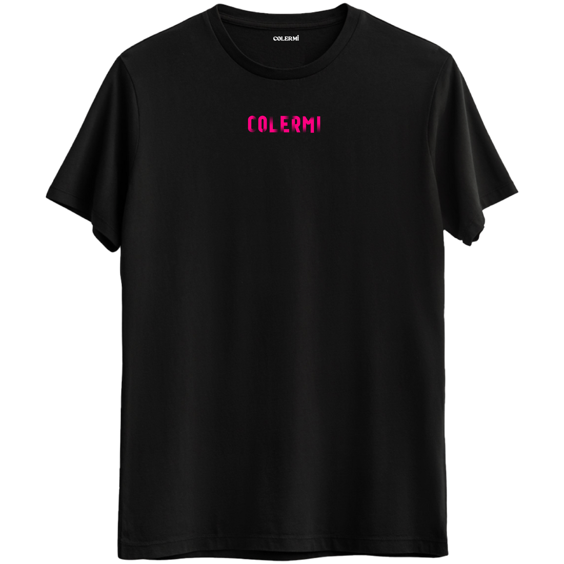 esur pembe tonlarıyla Colermi marka isminin yer aldığı minimal tasarımlı Bisiklet Yaka T-Shirt.