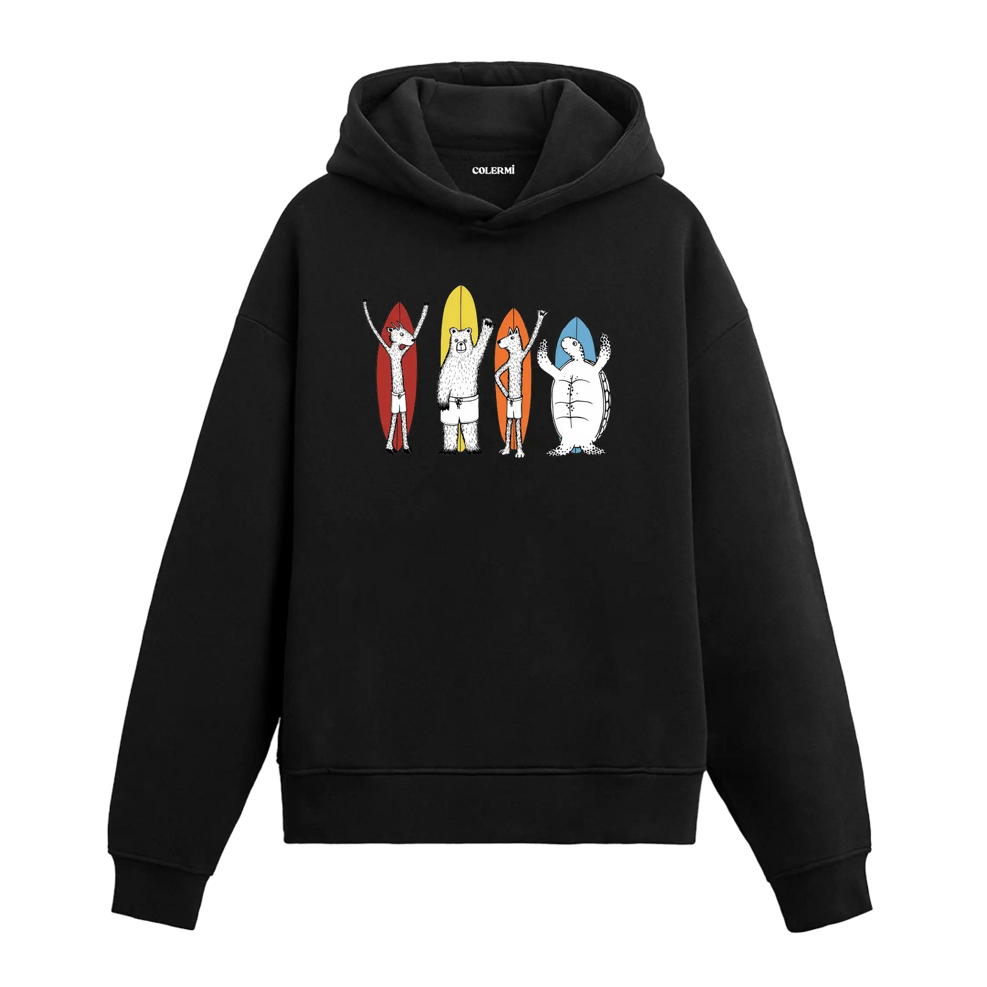 Sörf tahtalarıyla duran hayvan figürlü Colermi hoodie.