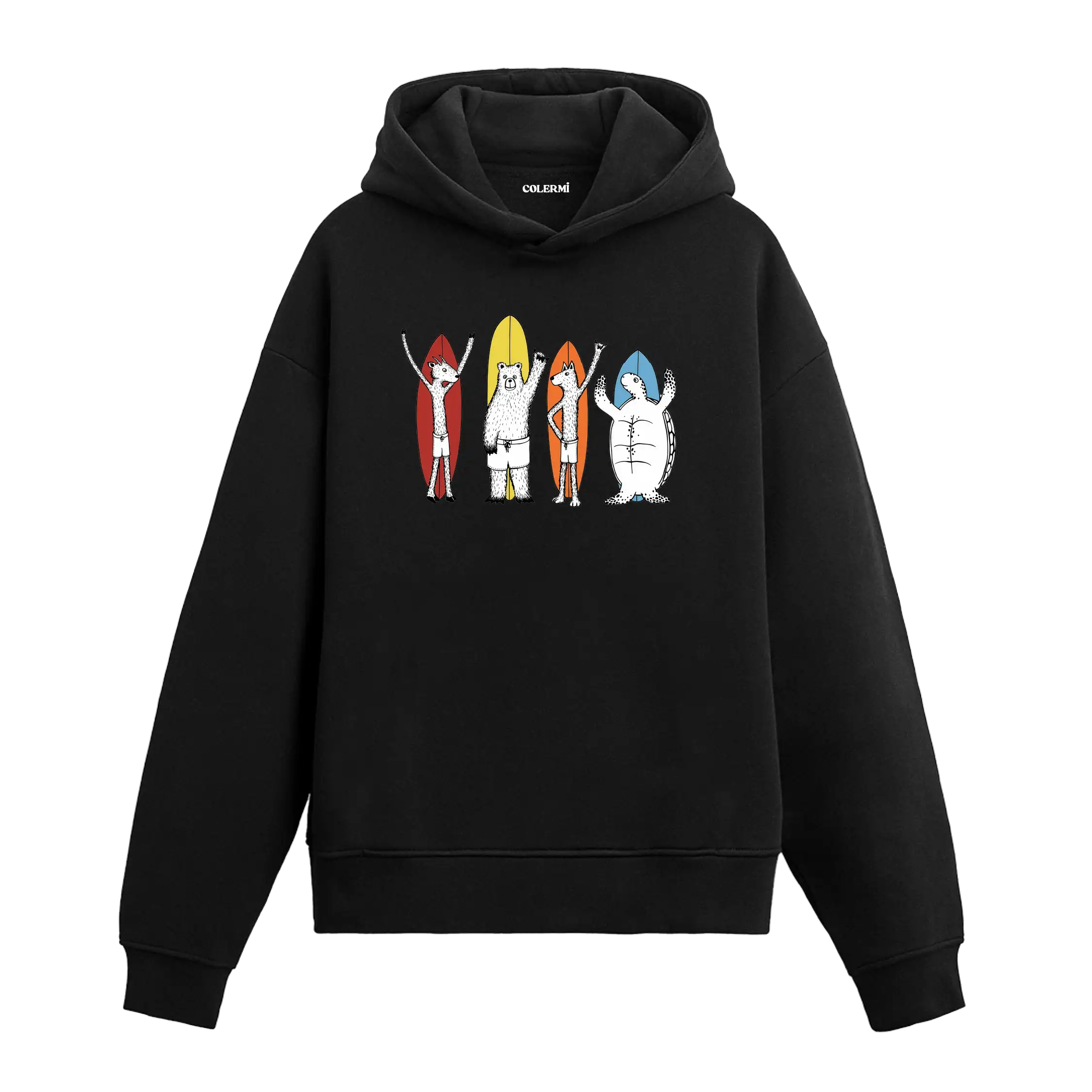 Sörf tahtalarıyla duran hayvan figürlü Colermi hoodie.