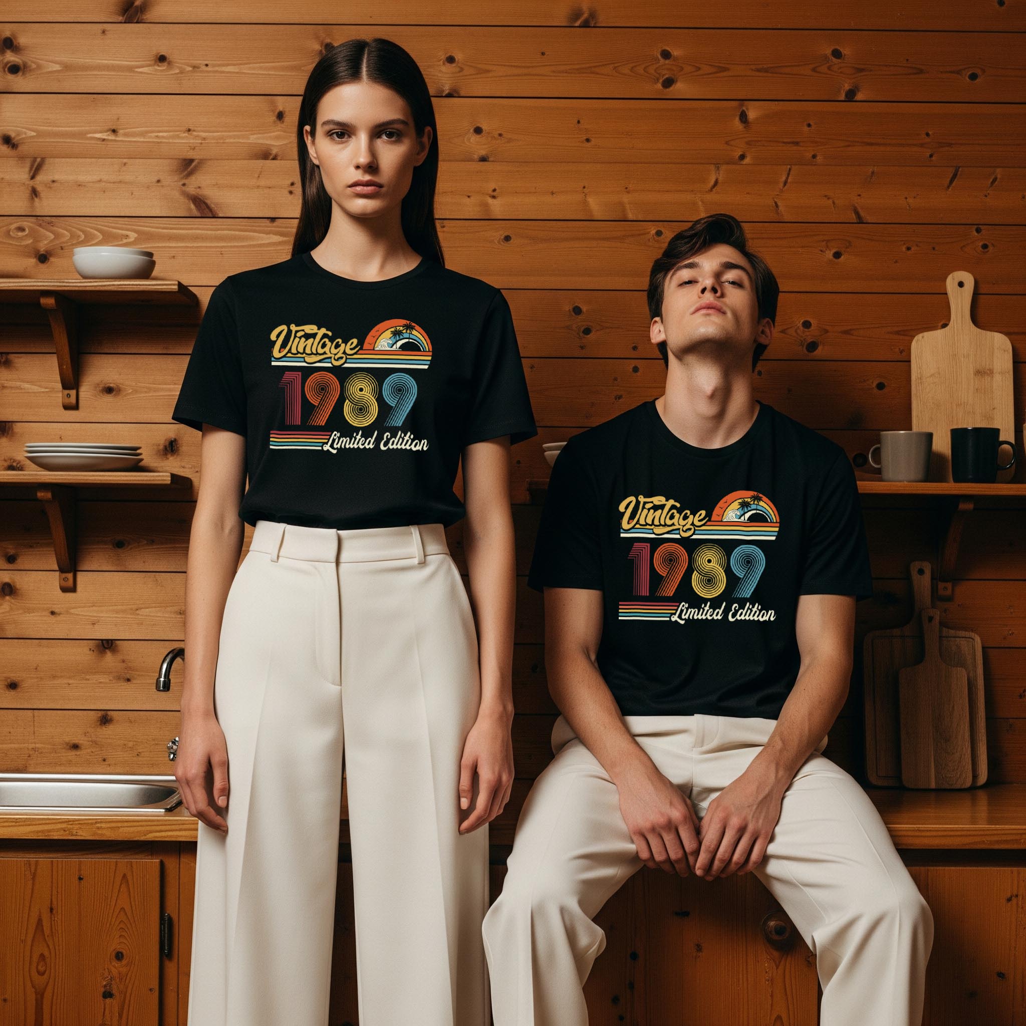 Colermi Vintage Tişört koleksiyonundan 1989 baskılı unisex modelleri sergileyen iki model.