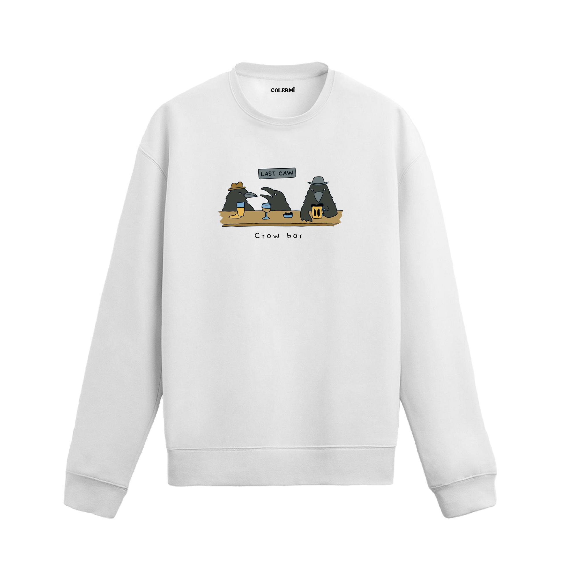 Barda oturan üç karganın yer aldığı mizahi “Crow Bar” tasarımlı sweatshirt.