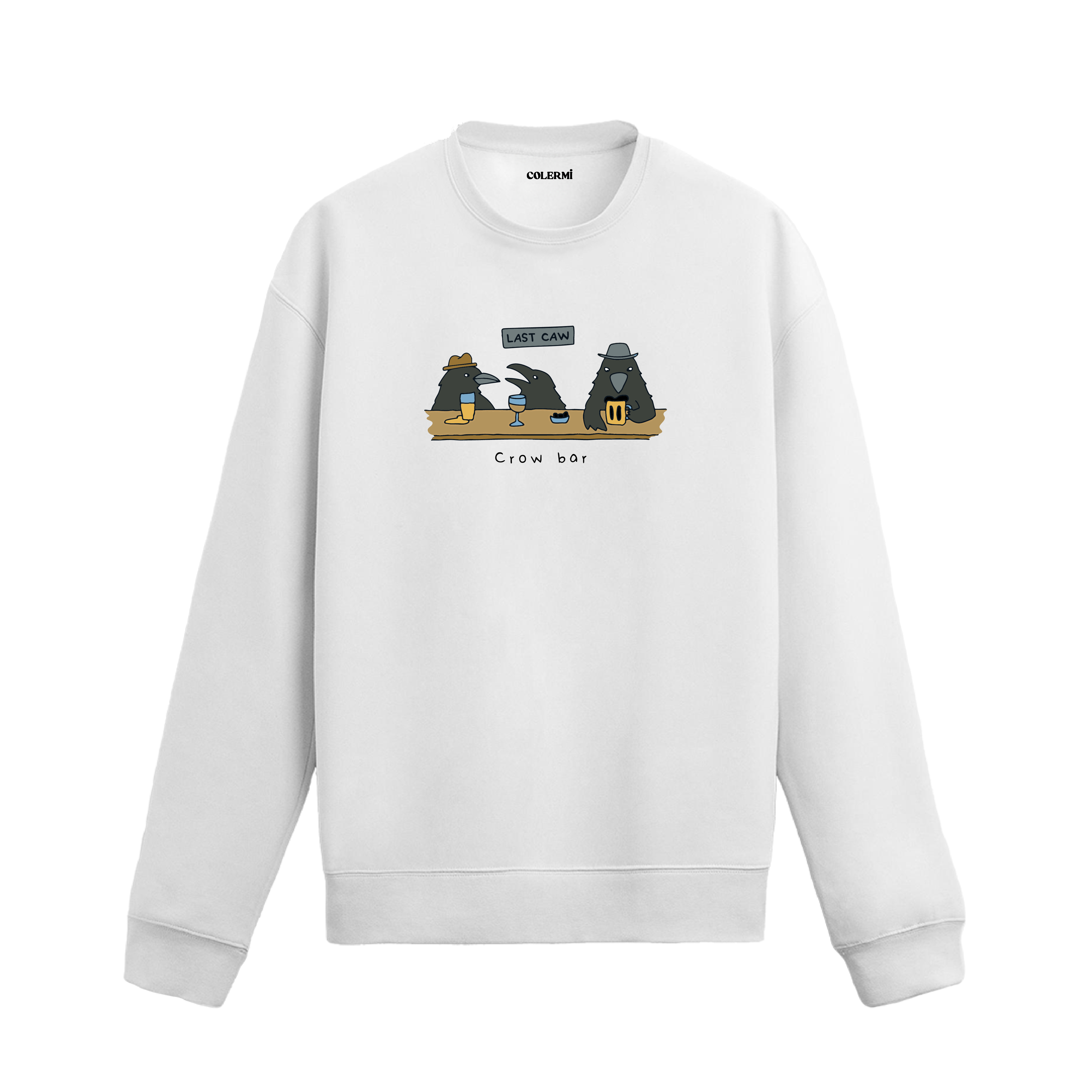 Barda oturan üç karganın yer aldığı mizahi “Crow Bar” tasarımlı sweatshirt.