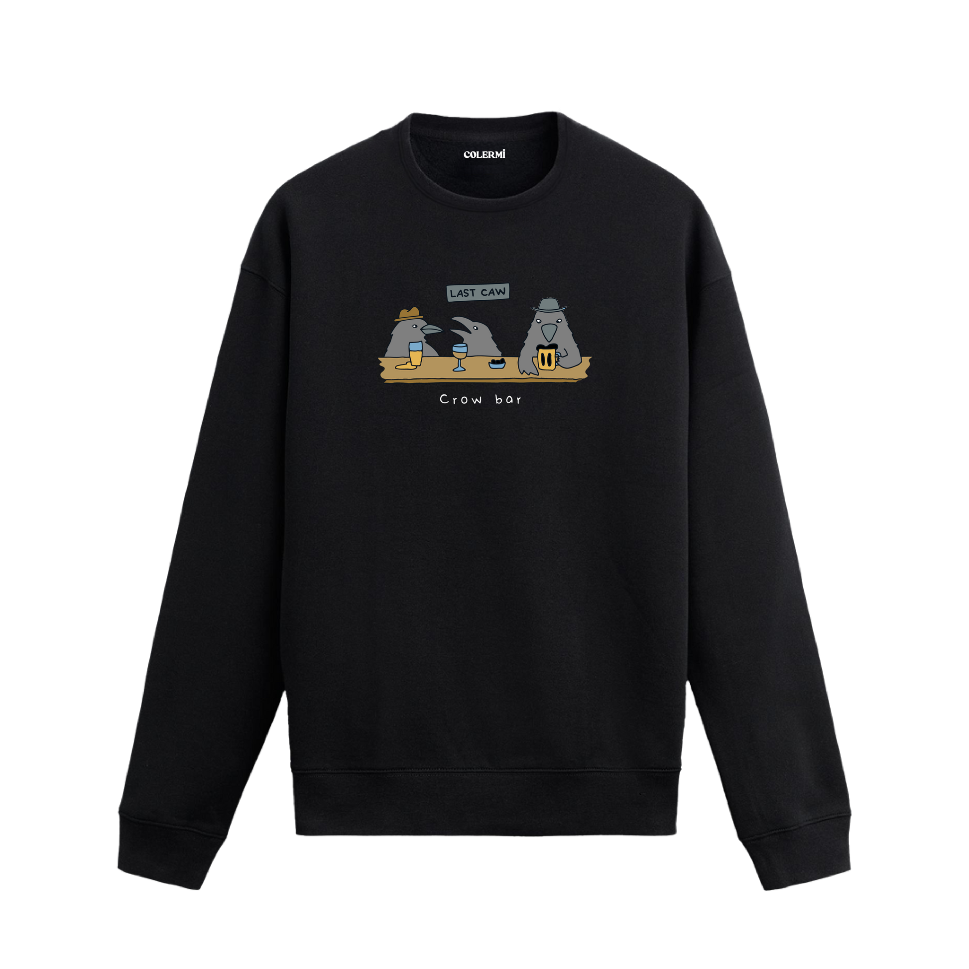 Barda oturan üç karganın yer aldığı mizahi “Crow Bar” tasarımlı sweatshirt.