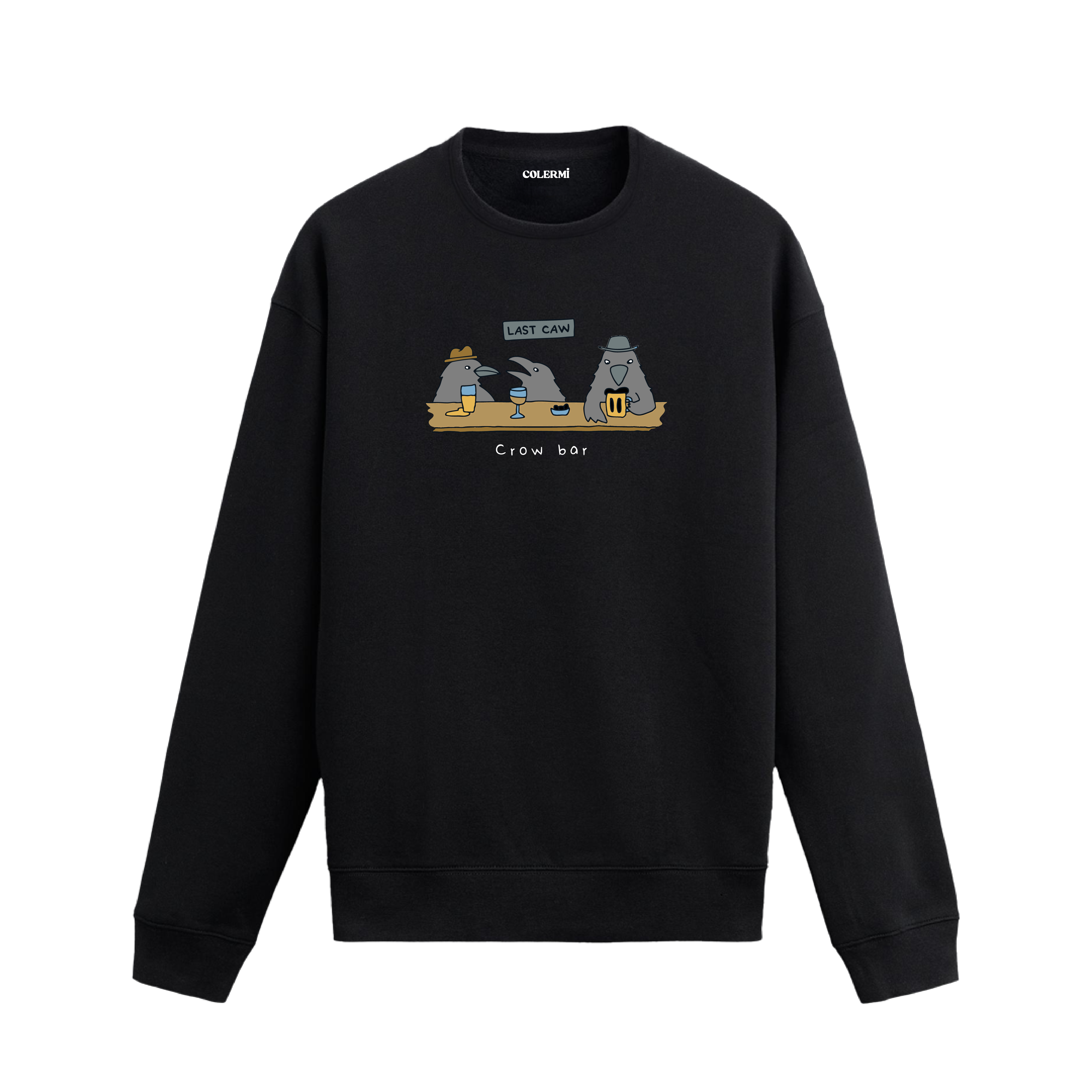 Barda oturan üç karganın yer aldığı mizahi “Crow Bar” tasarımlı sweatshirt.
