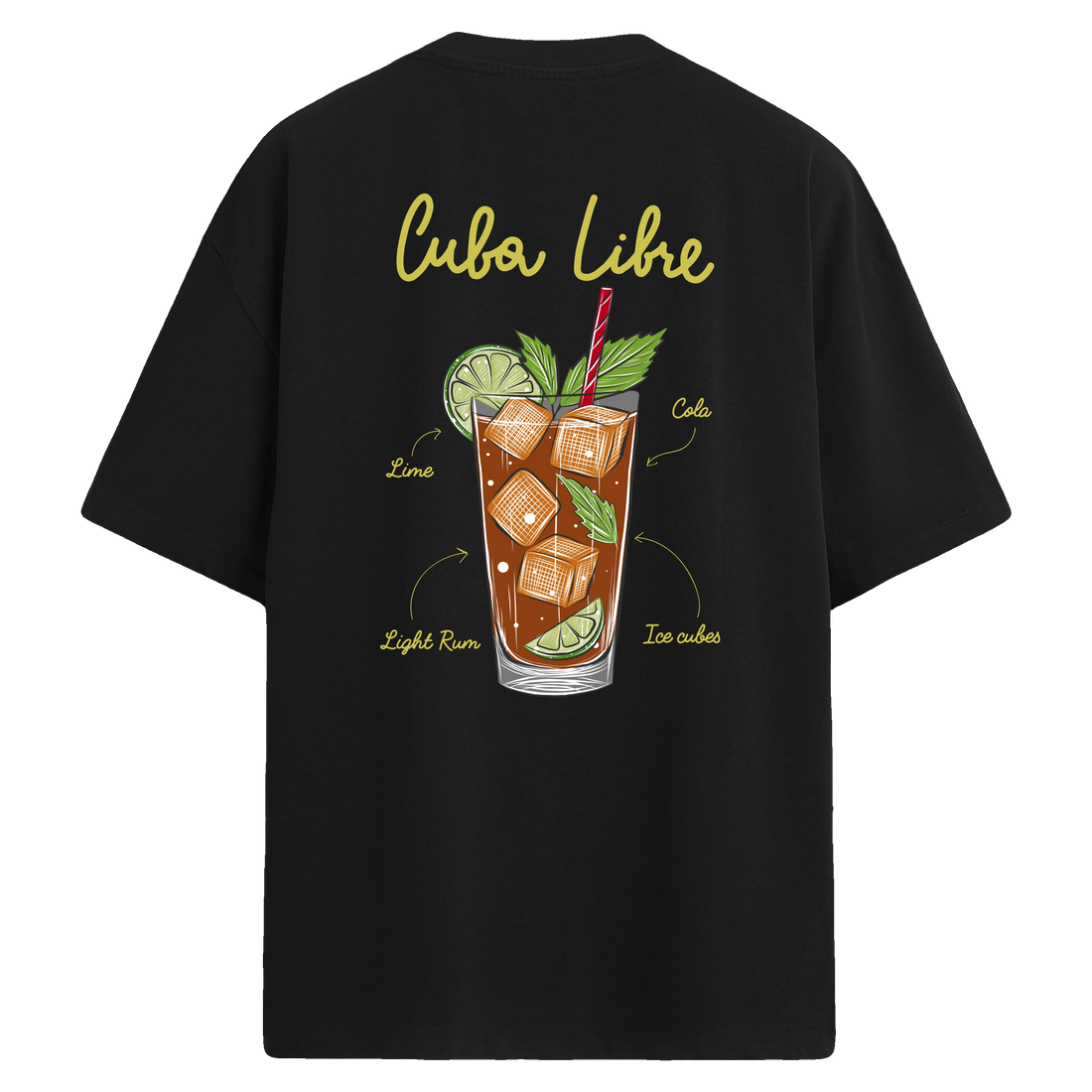 Cuba Libre içecek baskılı sırt baskılı oversize tişört