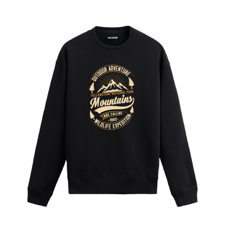 Sweatshirt üzerinde Yellowstone National Park ve dağ temalı tasarım bulunan model.