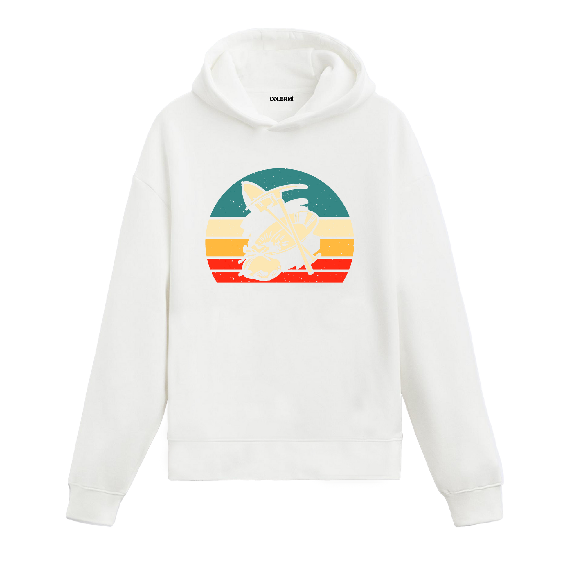 Beyaz dağcı baskılı hoodie, retro outdoor figürlü tasarım, pamuklu unisex hoodie