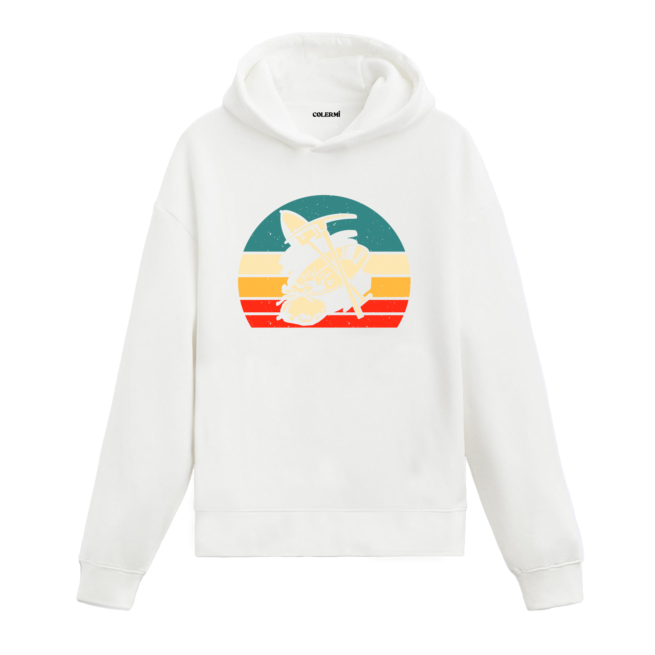 Beyaz dağcı baskılı hoodie, retro outdoor figürlü tasarım, pamuklu unisex hoodie