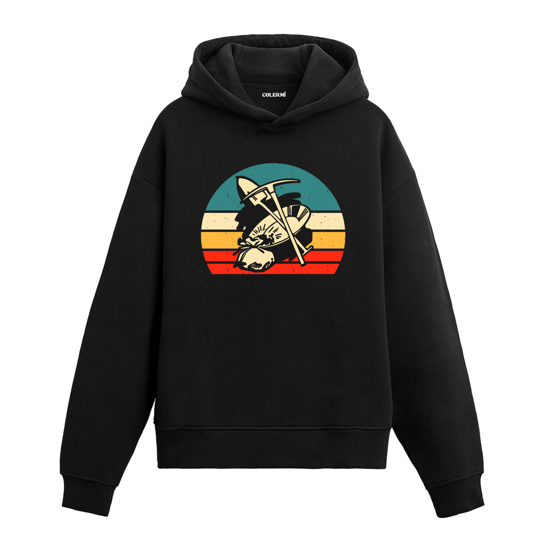 Siyah dağcı baskılı hoodie, retro outdoor tasarım, %100 pamuk unisex hoodie