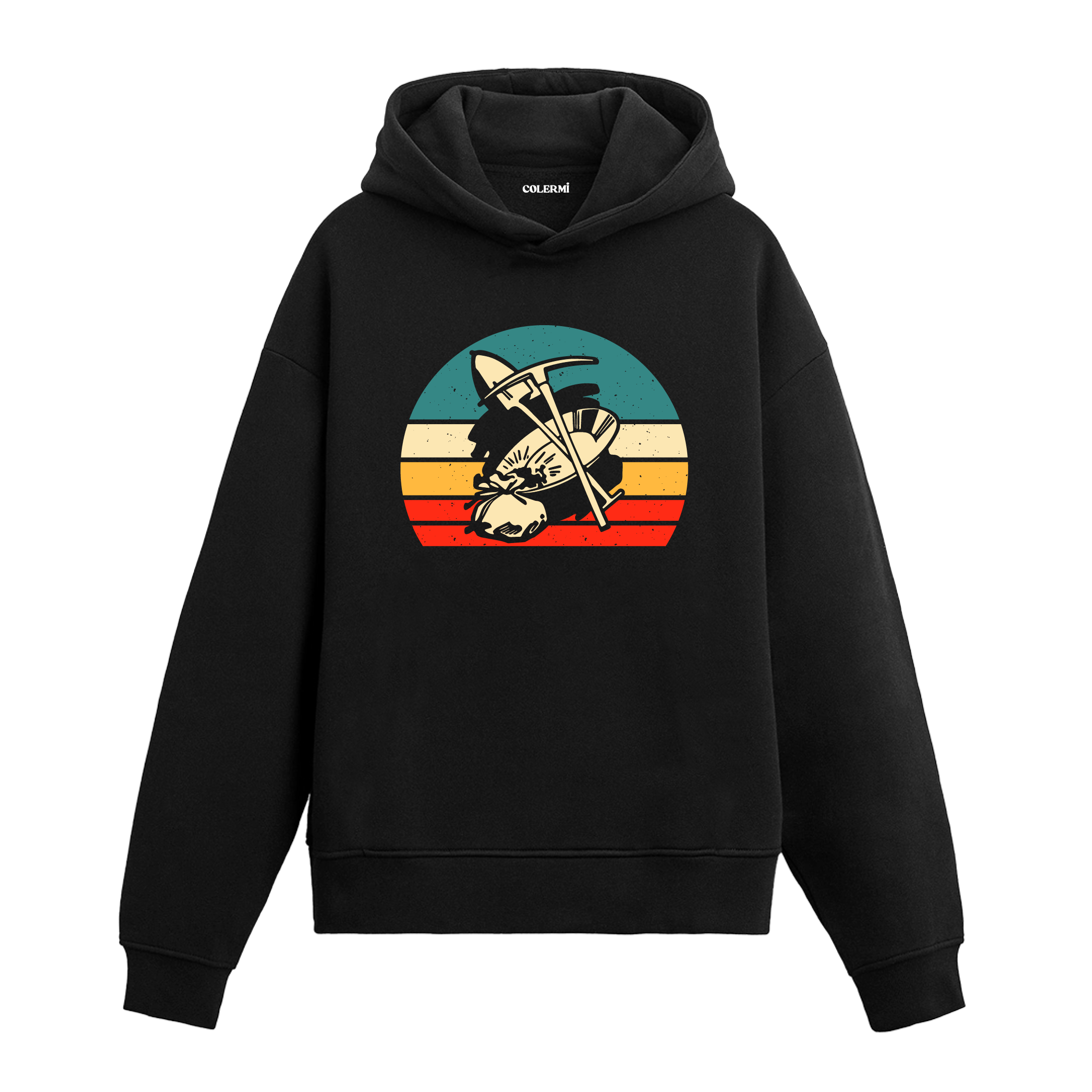 Siyah dağcı baskılı hoodie, retro outdoor tasarım, %100 pamuk unisex hoodie