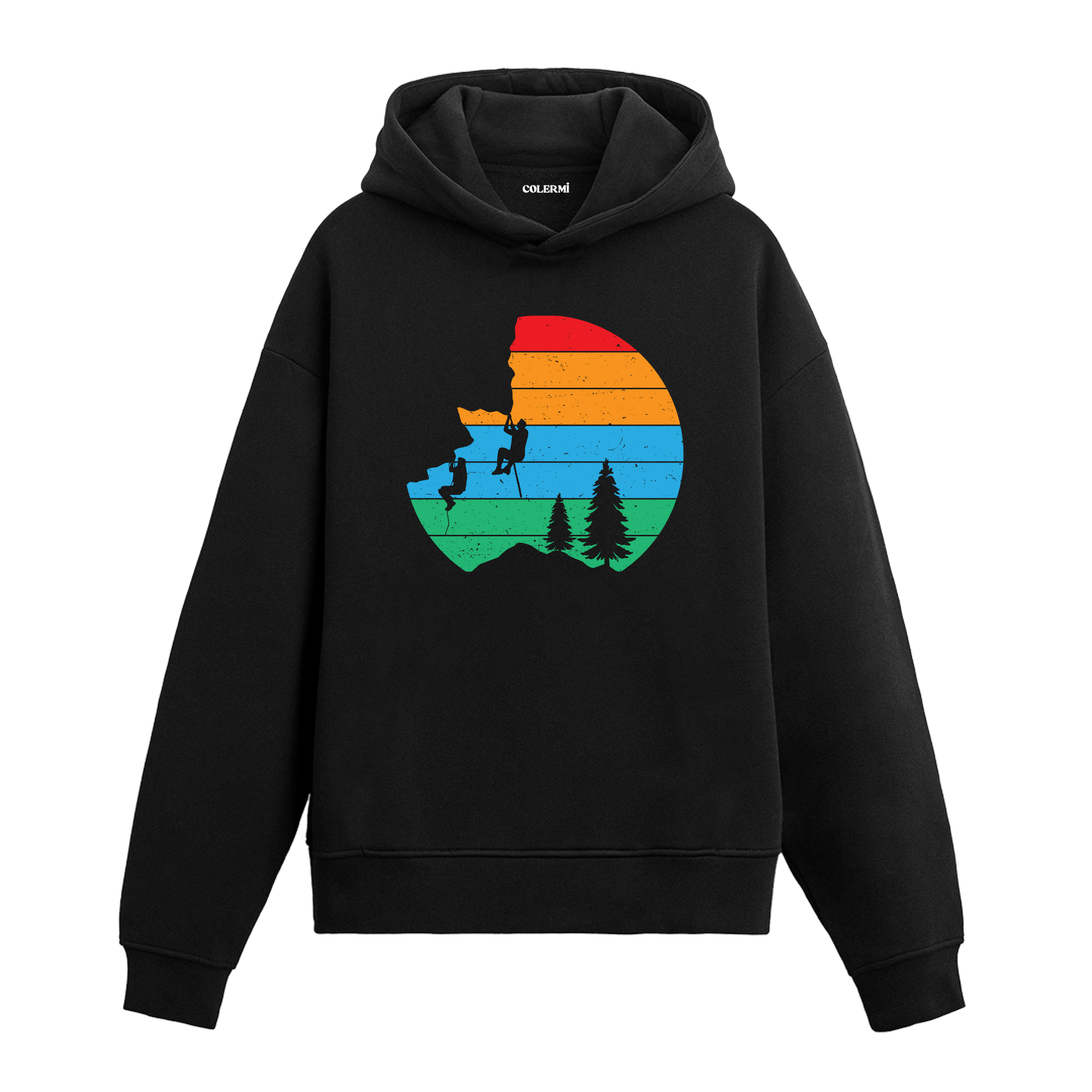 Siyah hoodie üzerinde dağcı tırmanış tasarımı