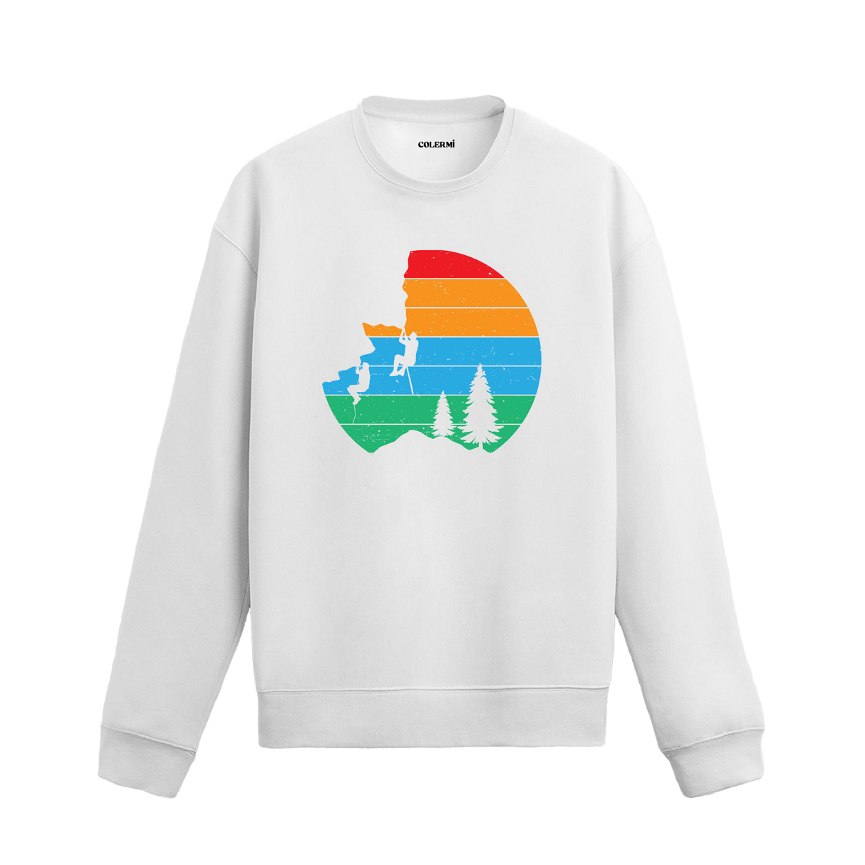Dağcı figürlü ve ağaç detaylı tasarıma sahip siyah sweatshirt modeli.