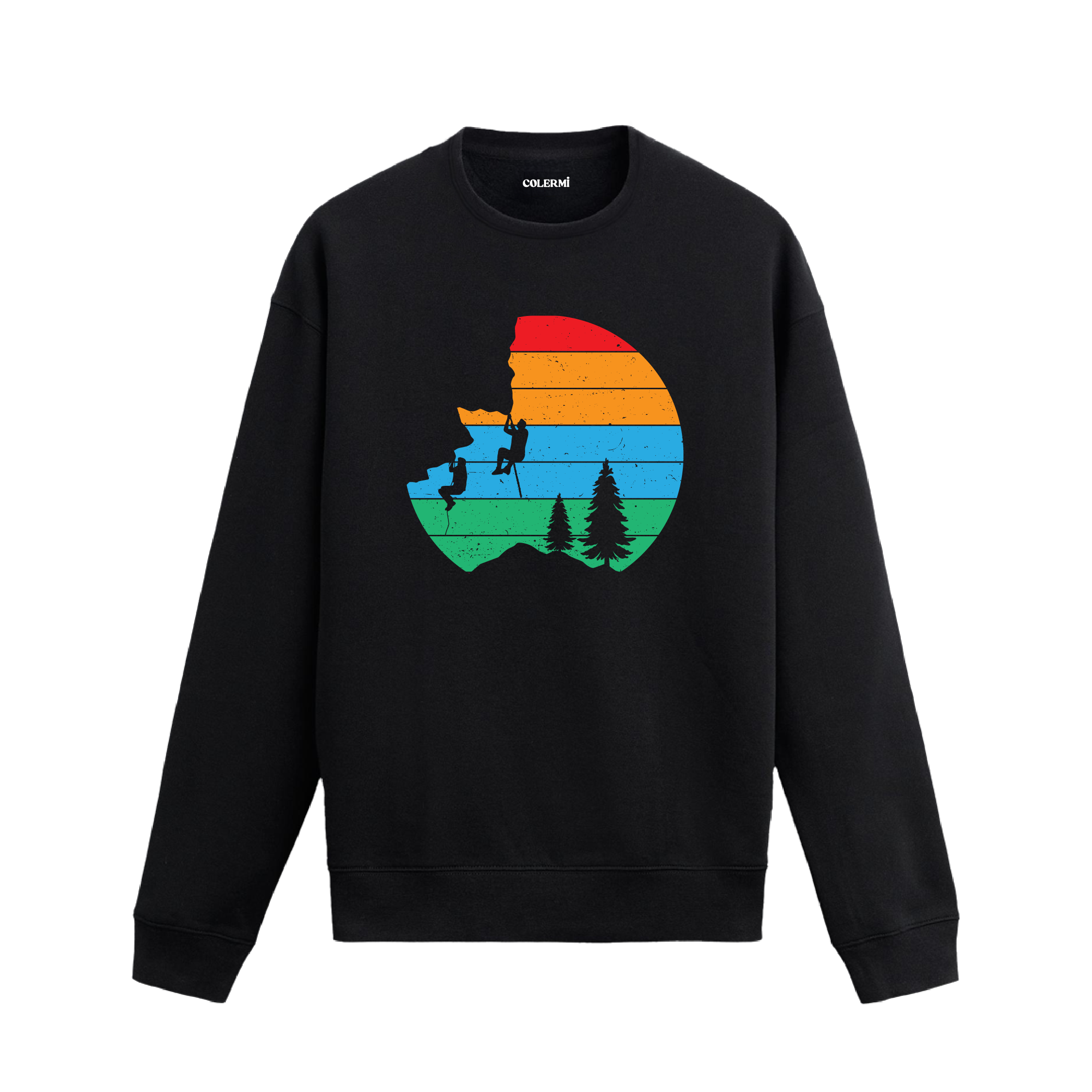 Dağcı figürlü ve ağaç detaylı tasarıma sahip siyah sweatshirt modeli.