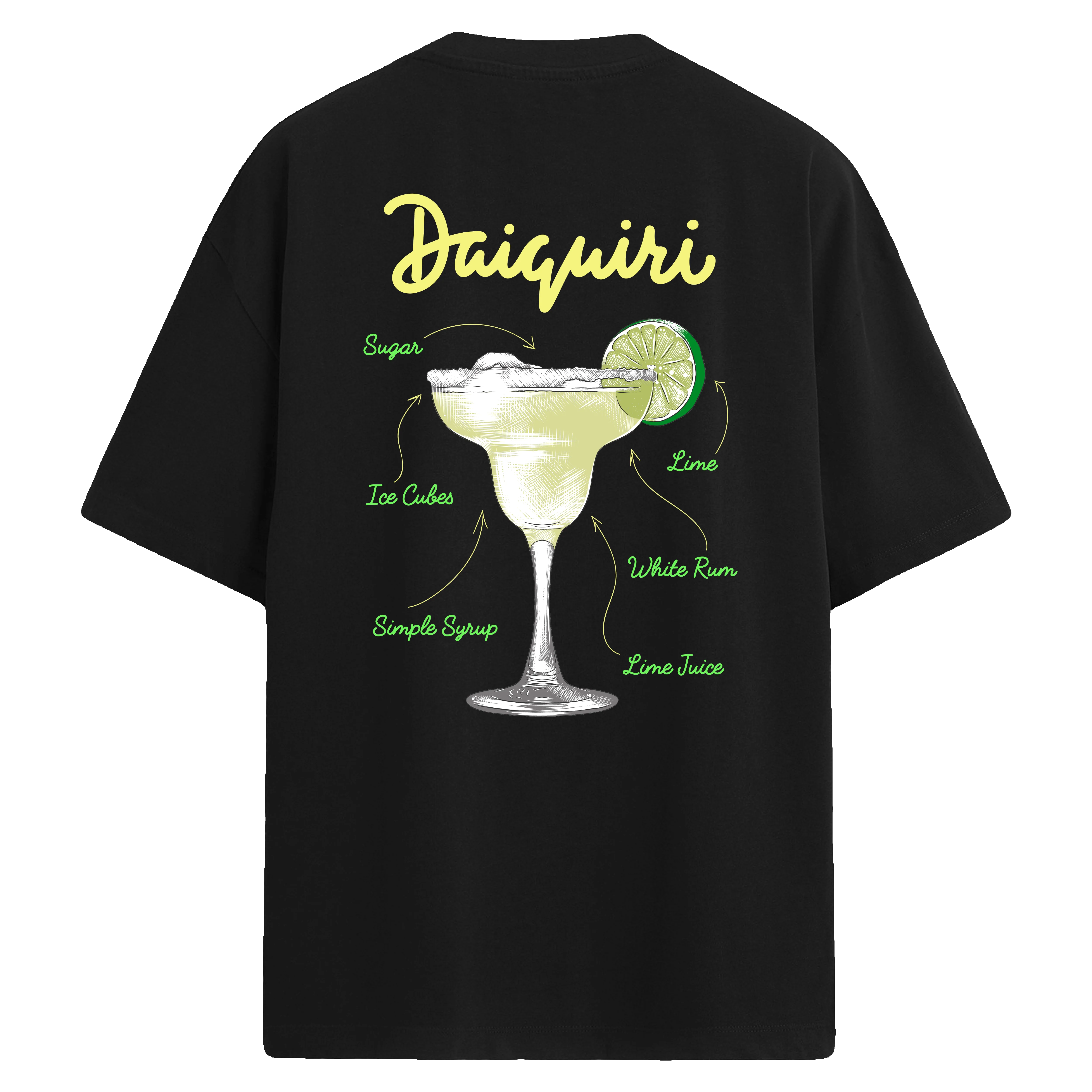 Daiquiri baskılı, lime ve beyaz rom içerikli sırt detaylı oversize tişört