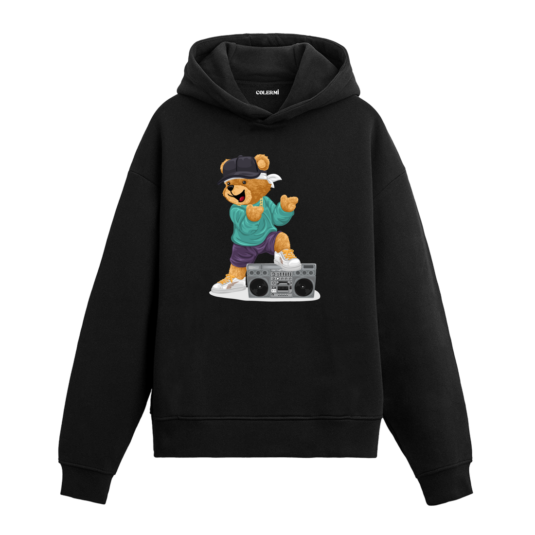 Müzik çalarla dans eden, şapka ve sweatshirt giymiş sevimli ayıcık baskılı hoodie tasarımı.