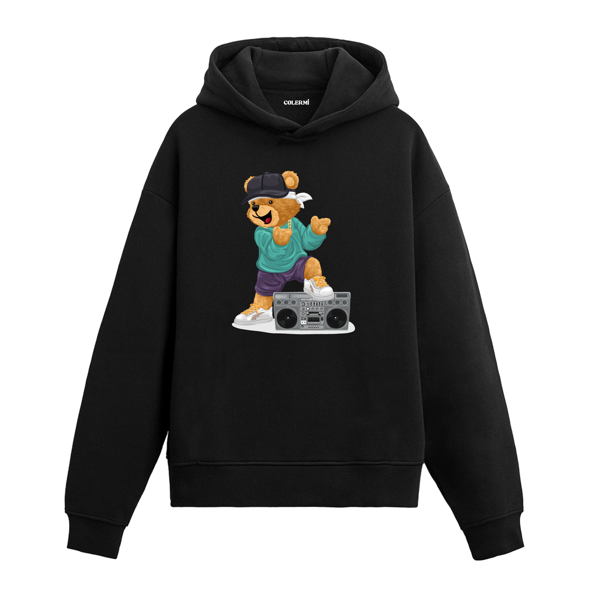 Müzik çalarla dans eden, şapka ve sweatshirt giymiş sevimli ayıcık baskılı hoodie tasarımı.