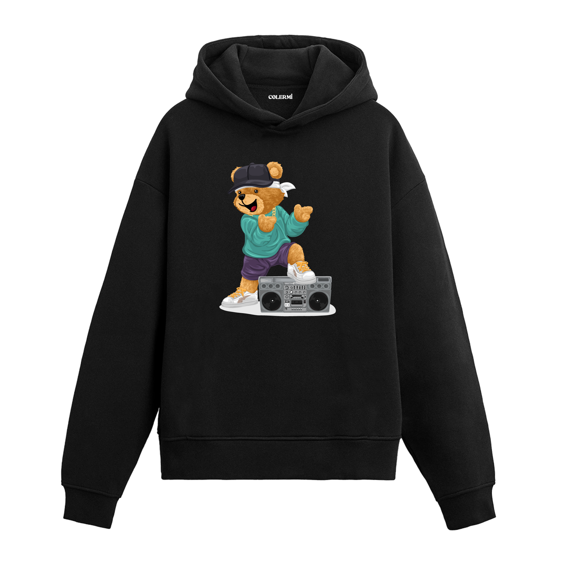 Müzik çalarla dans eden, şapka ve sweatshirt giymiş sevimli ayıcık baskılı hoodie tasarımı.