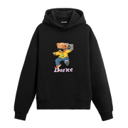 Müzik çalar taşıyan, dans eden spor giyimli ayıcık baskılı hoodie tasarımı.