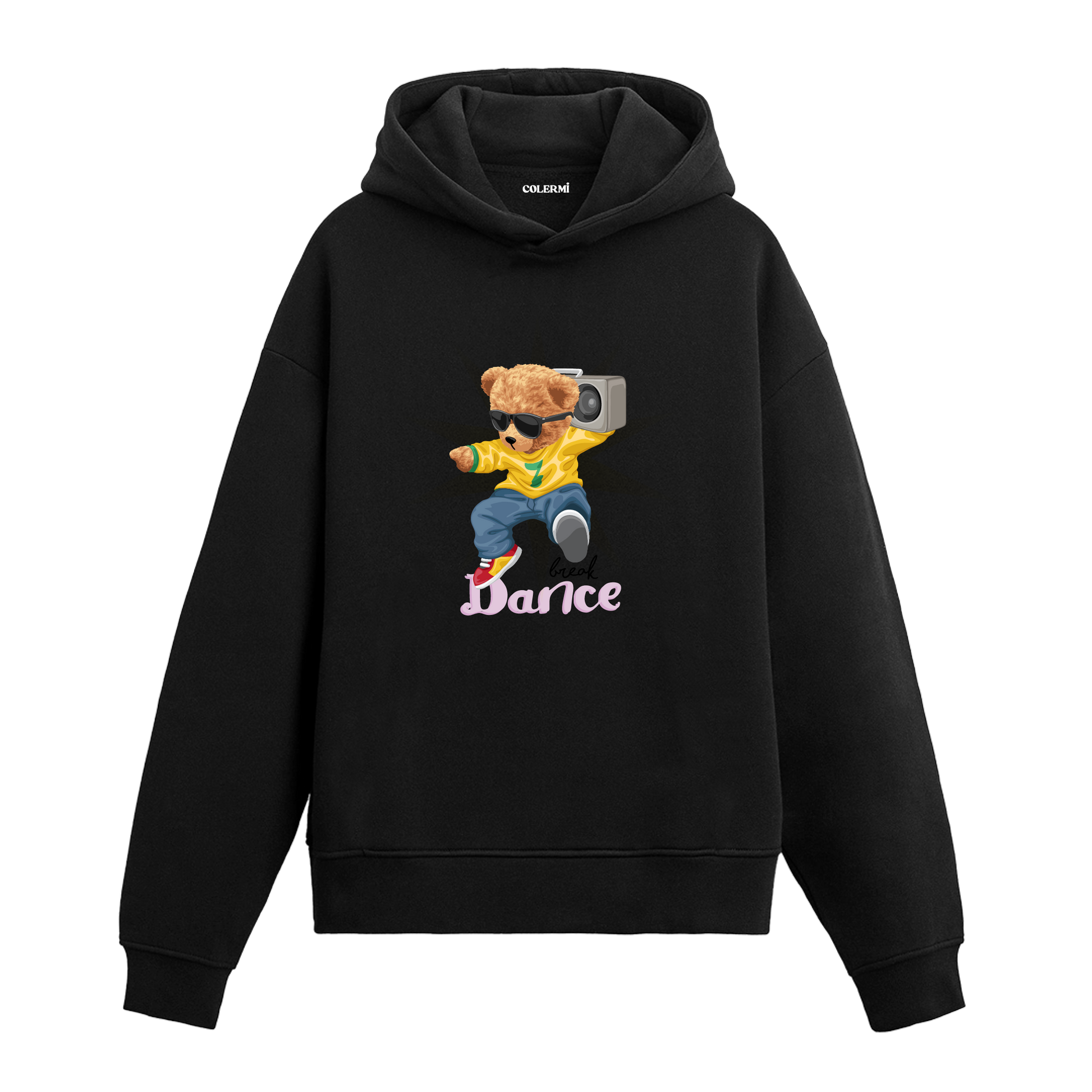 Müzik çalar taşıyan, dans eden spor giyimli ayıcık baskılı hoodie tasarımı.