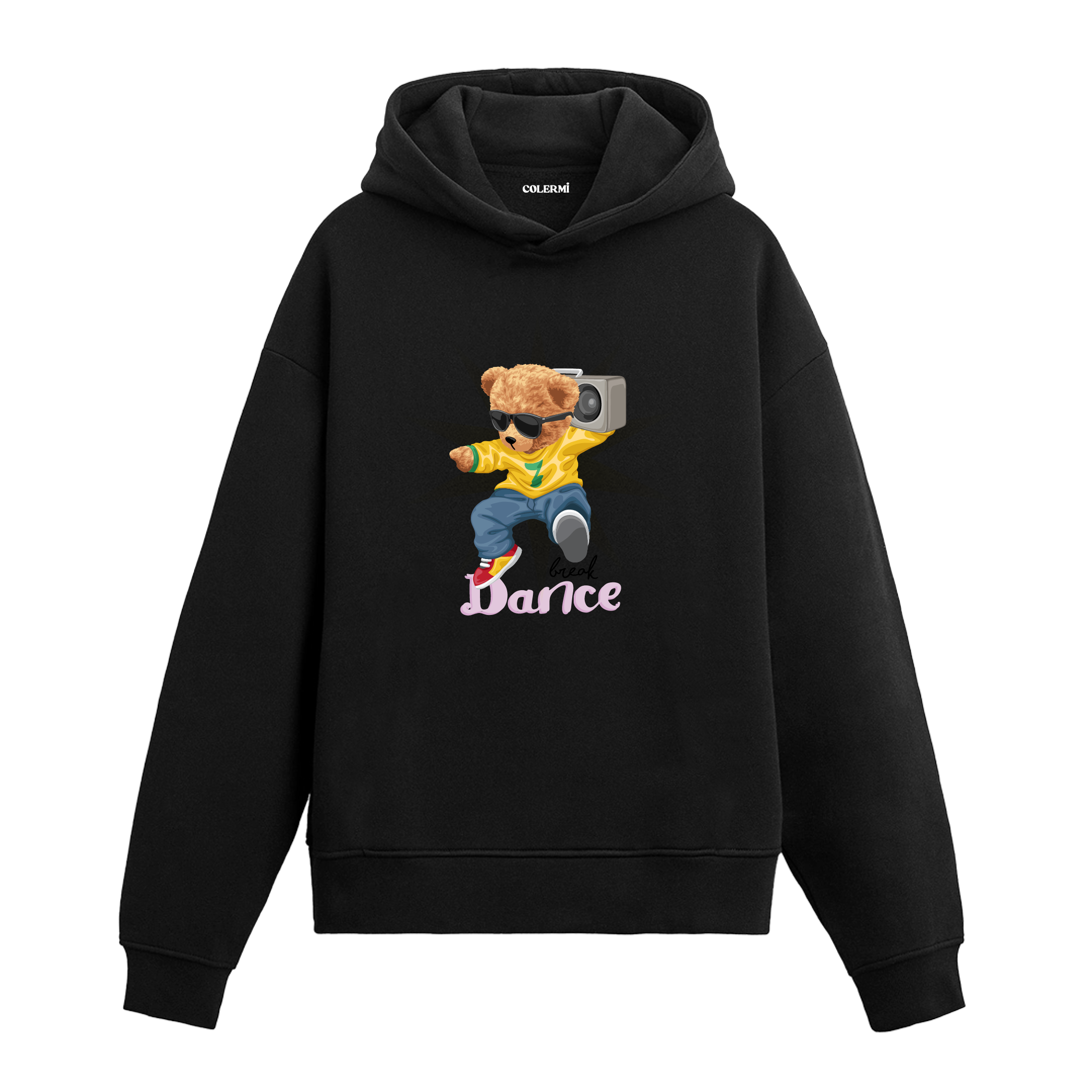 Müzik çalar taşıyan, dans eden spor giyimli ayıcık baskılı hoodie tasarımı.