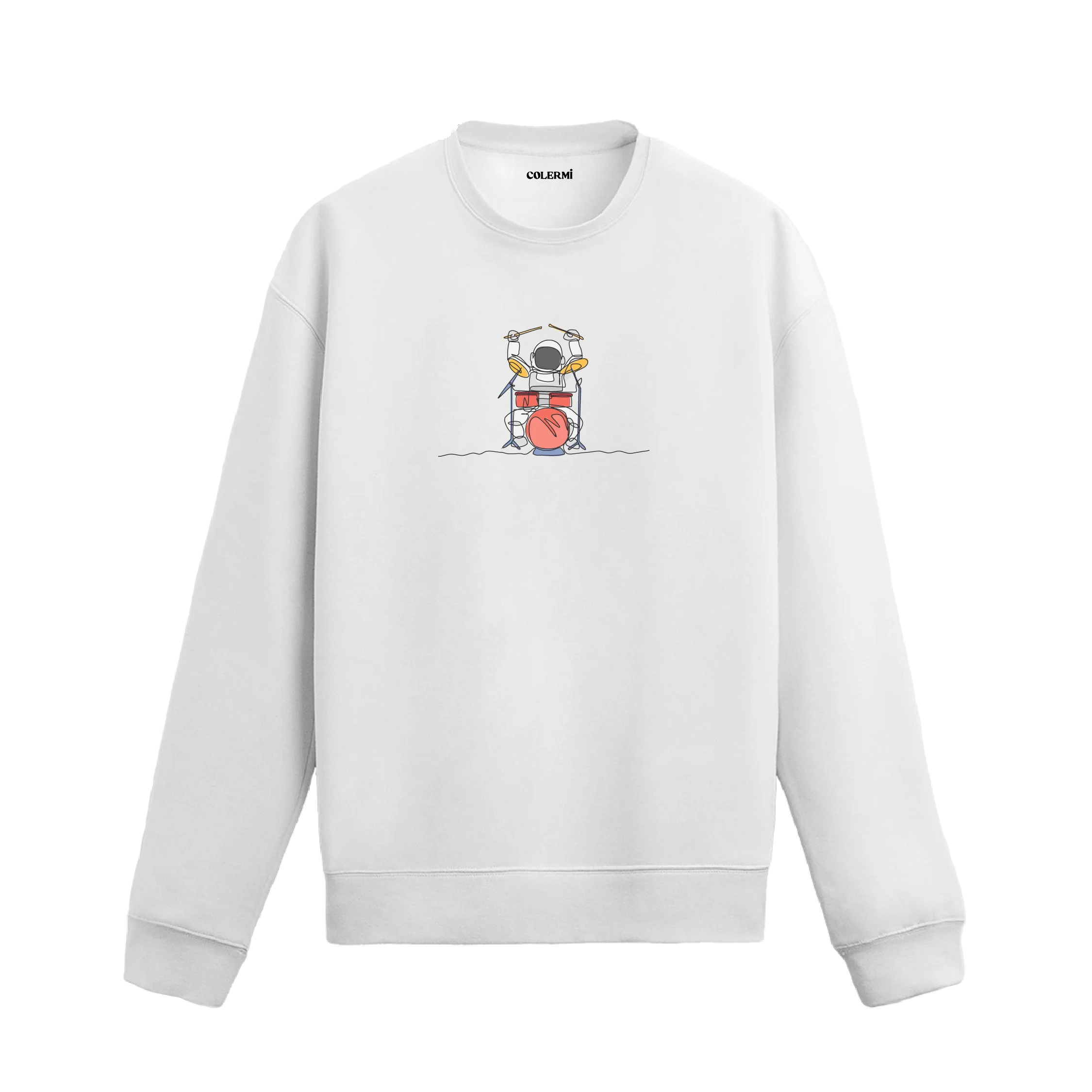 Davul çalan astronot tasarımlı Colermi sweatshirt, minimal uzay temasıyla.