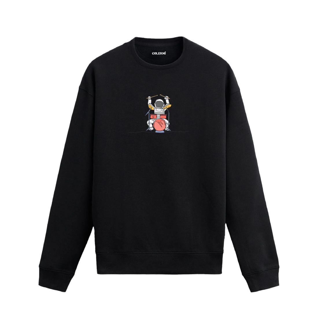 Davul çalan astronot tasarımlı Colermi sweatshirt, minimal uzay temasıyla.