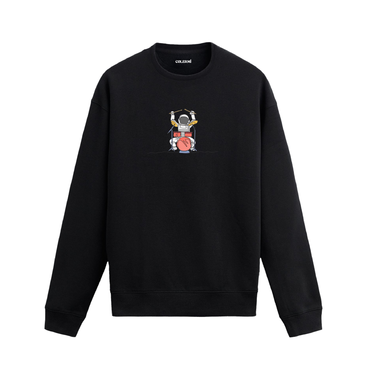 Davul çalan astronot tasarımlı Colermi sweatshirt, minimal uzay temasıyla.