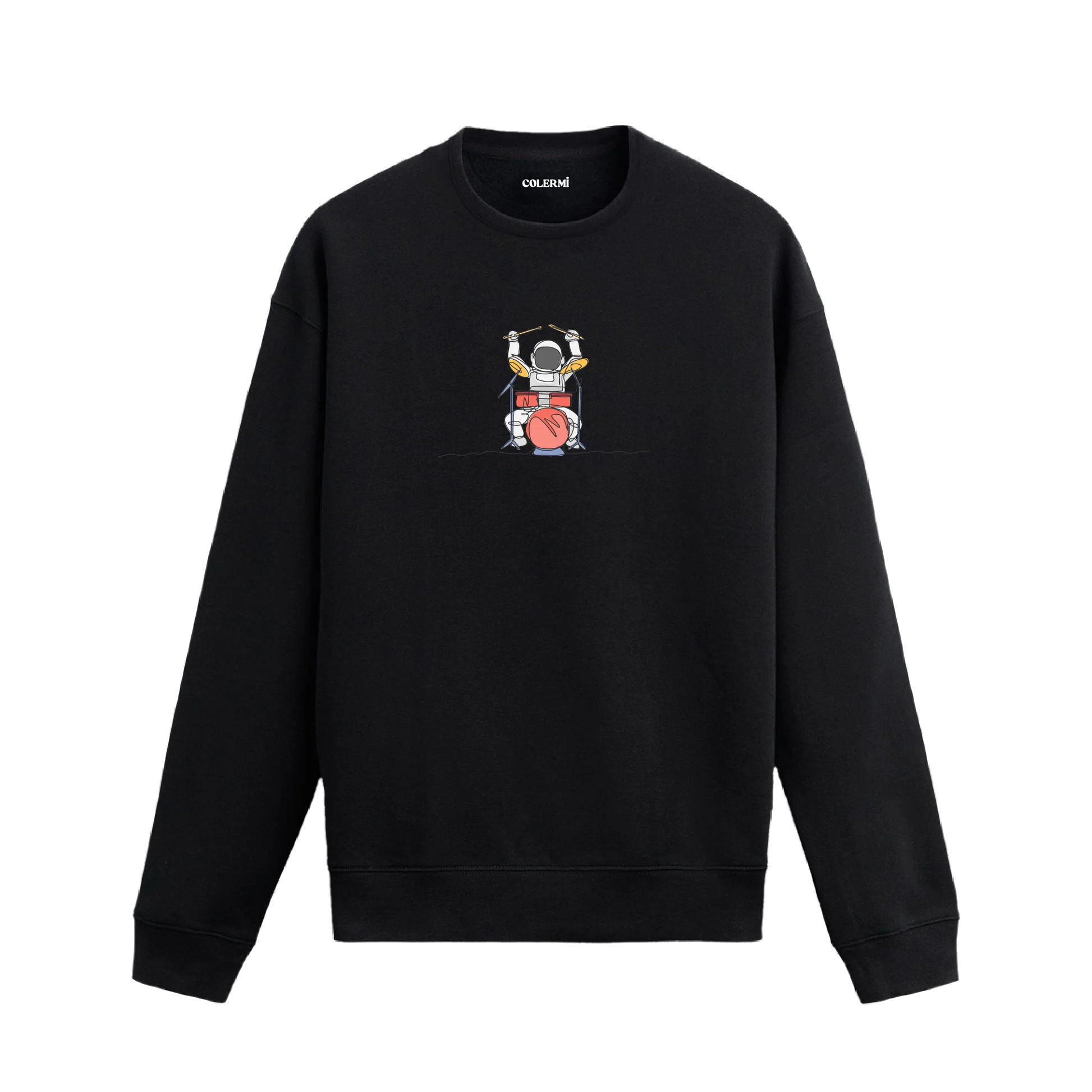 Davul çalan astronot tasarımlı Colermi sweatshirt, minimal uzay temasıyla.