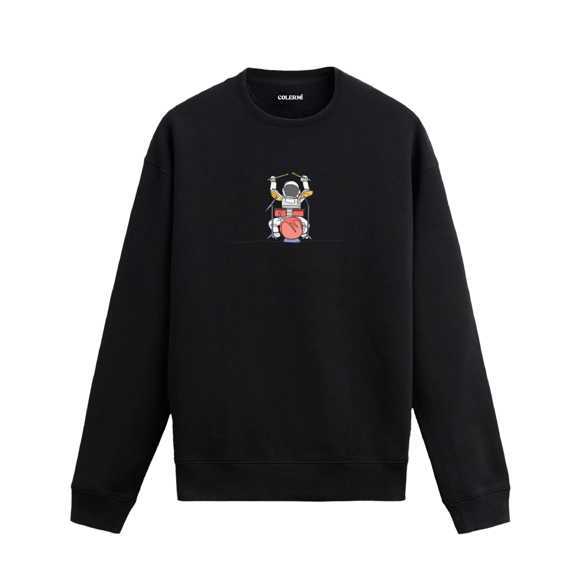 Davul çalan astronot tasarımlı Colermi sweatshirt, minimal uzay temasıyla.
