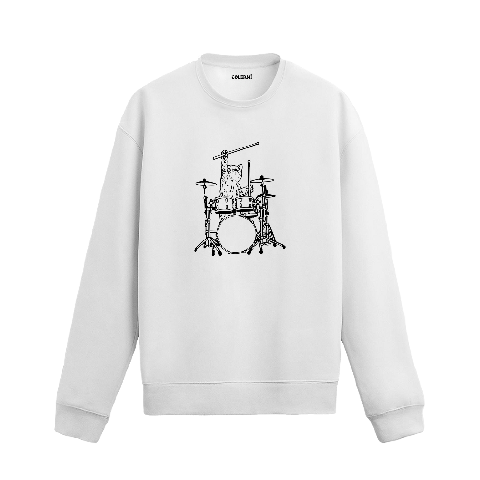 Bateri seti başında bagetini havaya kaldırmış davul çalan kedi figürlü Colermi sweatshirt.