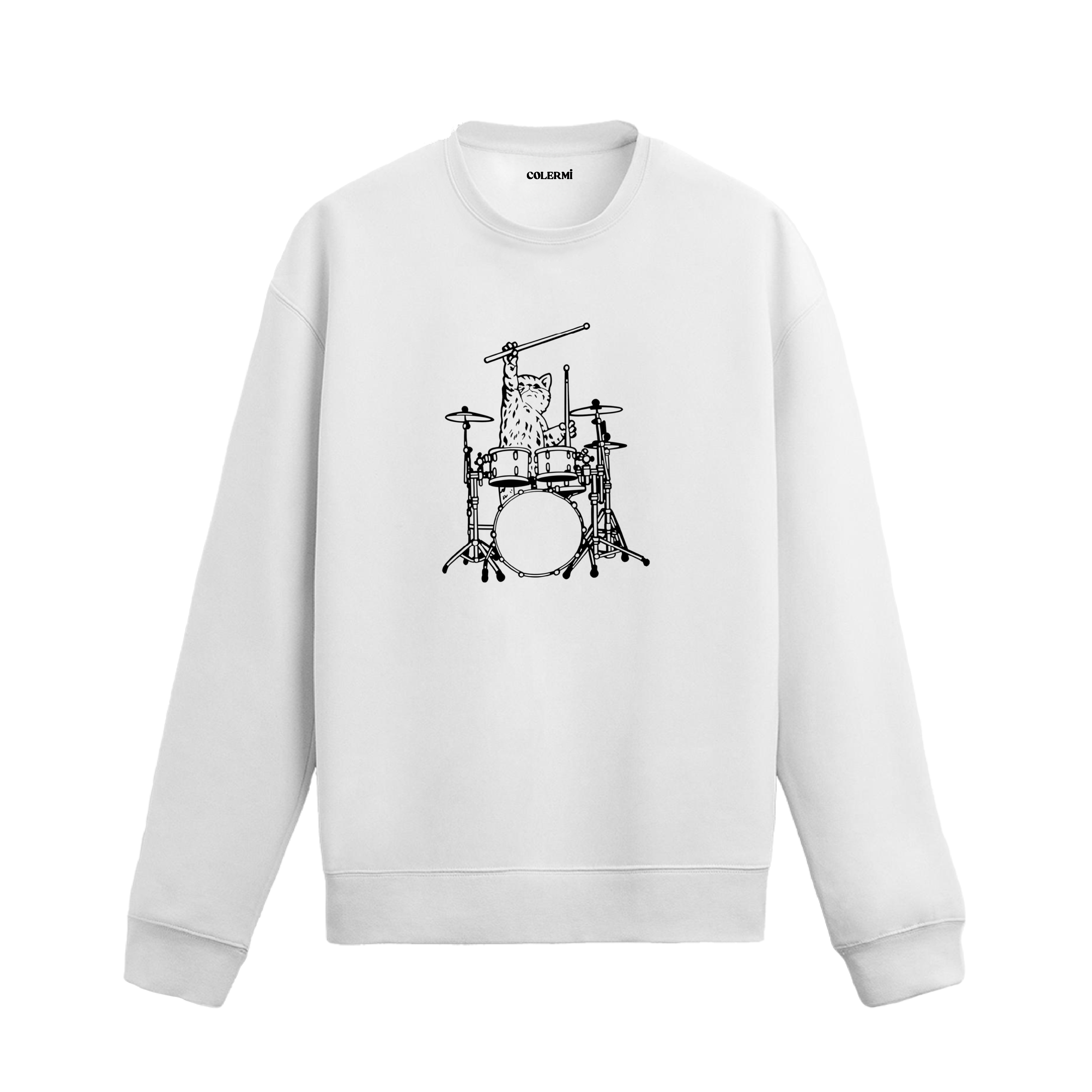 Bateri seti başında bagetini havaya kaldırmış davul çalan kedi figürlü Colermi sweatshirt.