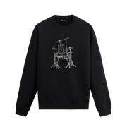 Bateri seti başında bagetini havaya kaldırmış davul çalan kedi figürlü Colermi sweatshirt.