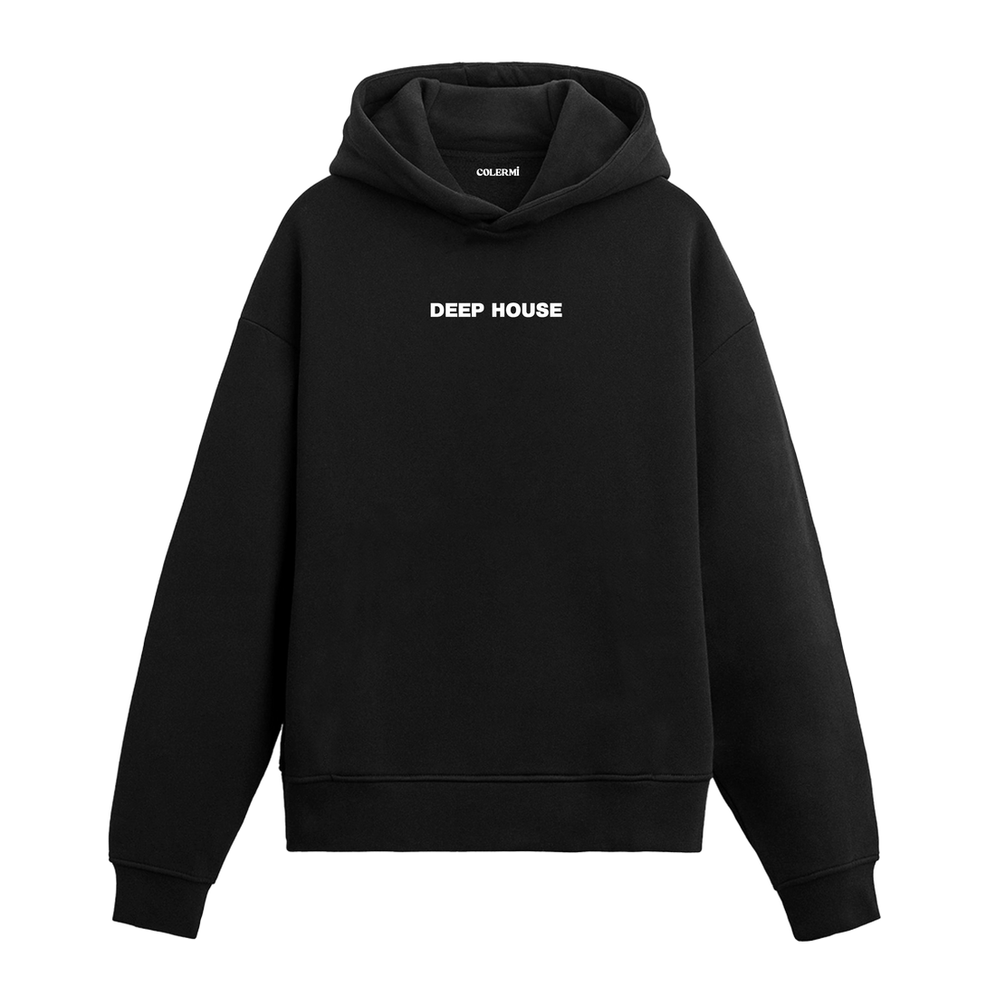 Siyah hoodie, deep house yazılı baskı, pamuklu unisex hoodie