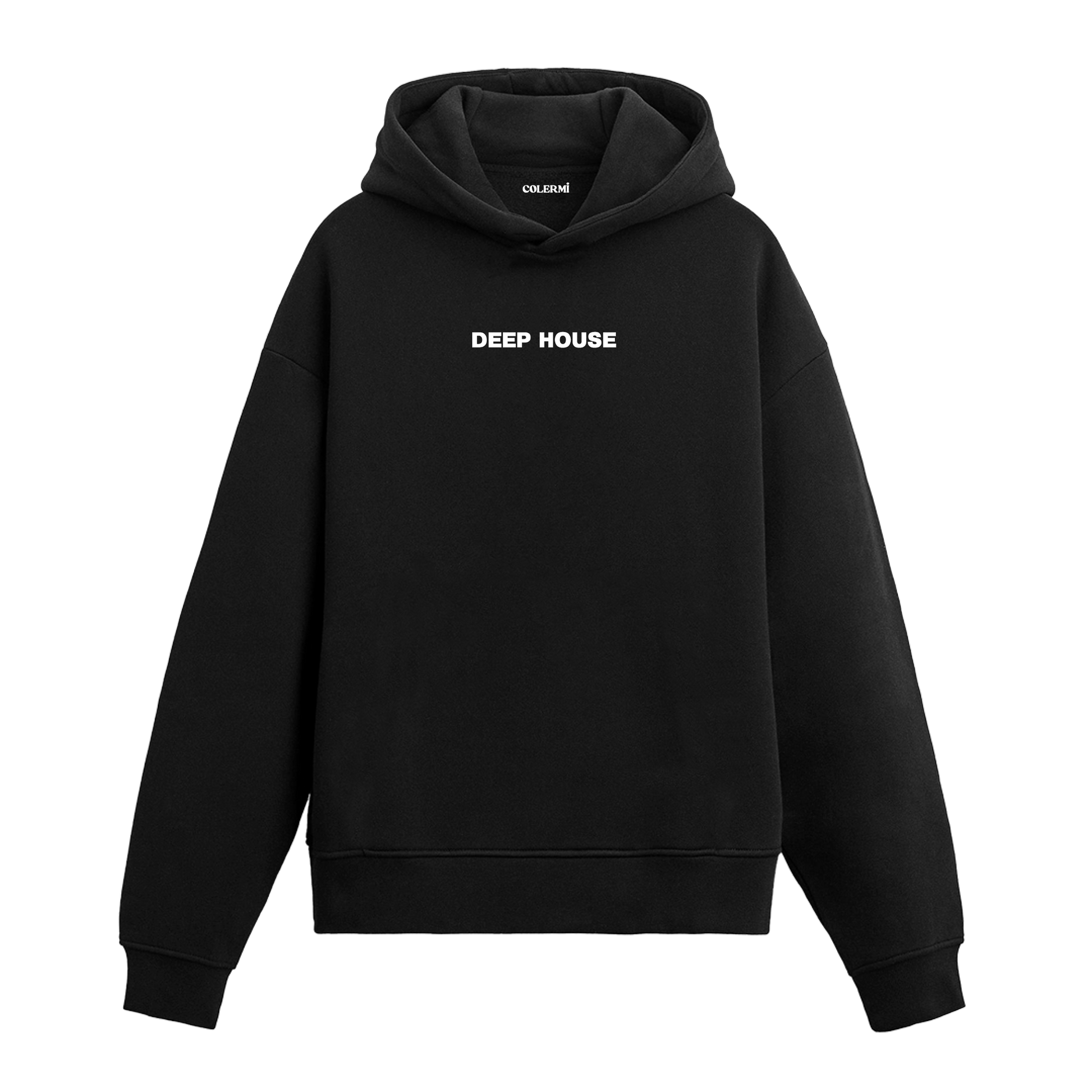 Siyah hoodie, deep house yazılı baskı, pamuklu unisex hoodie