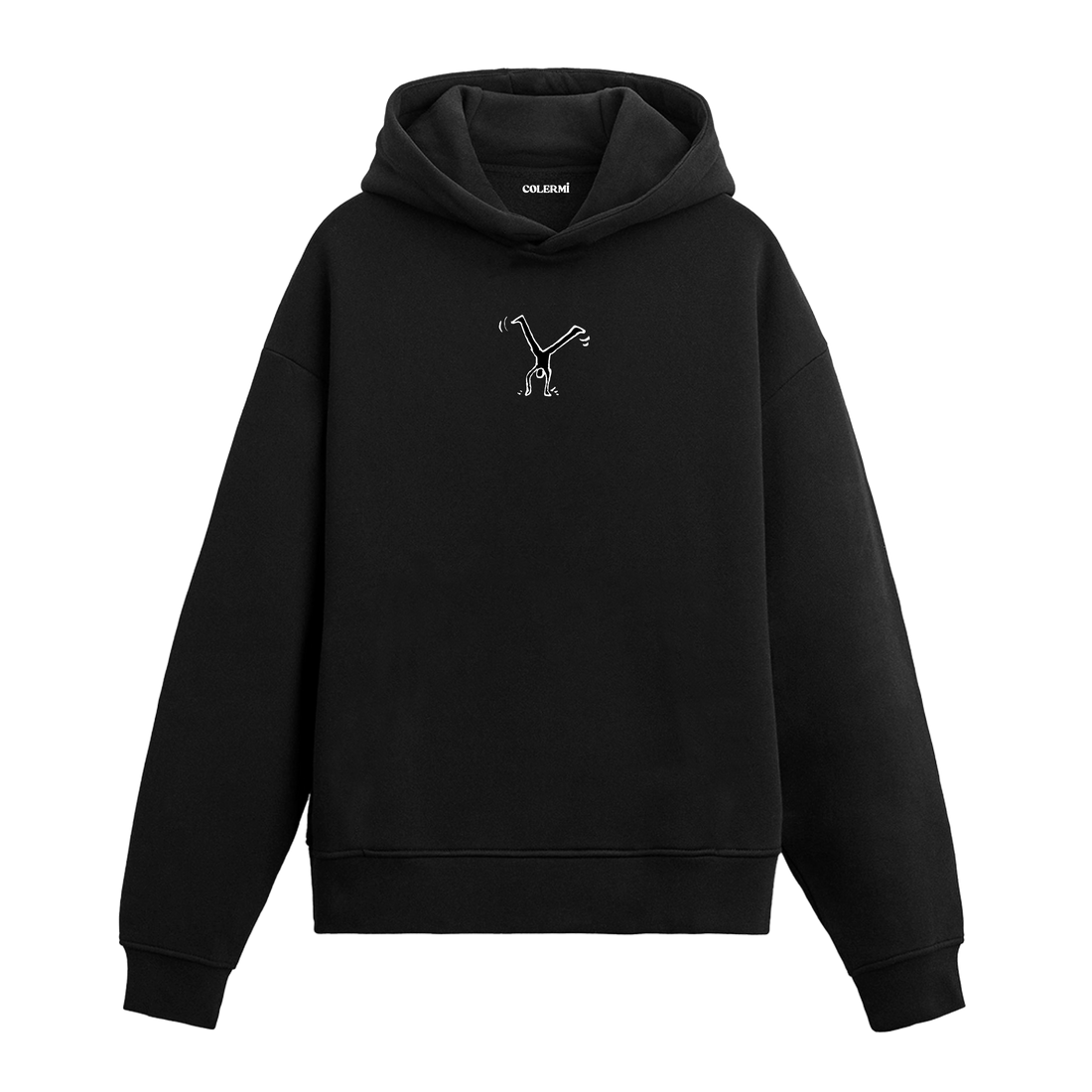 Siyah hoodie, elleri üzerinde duran adam baskısı, pamuklu unisex hoodie