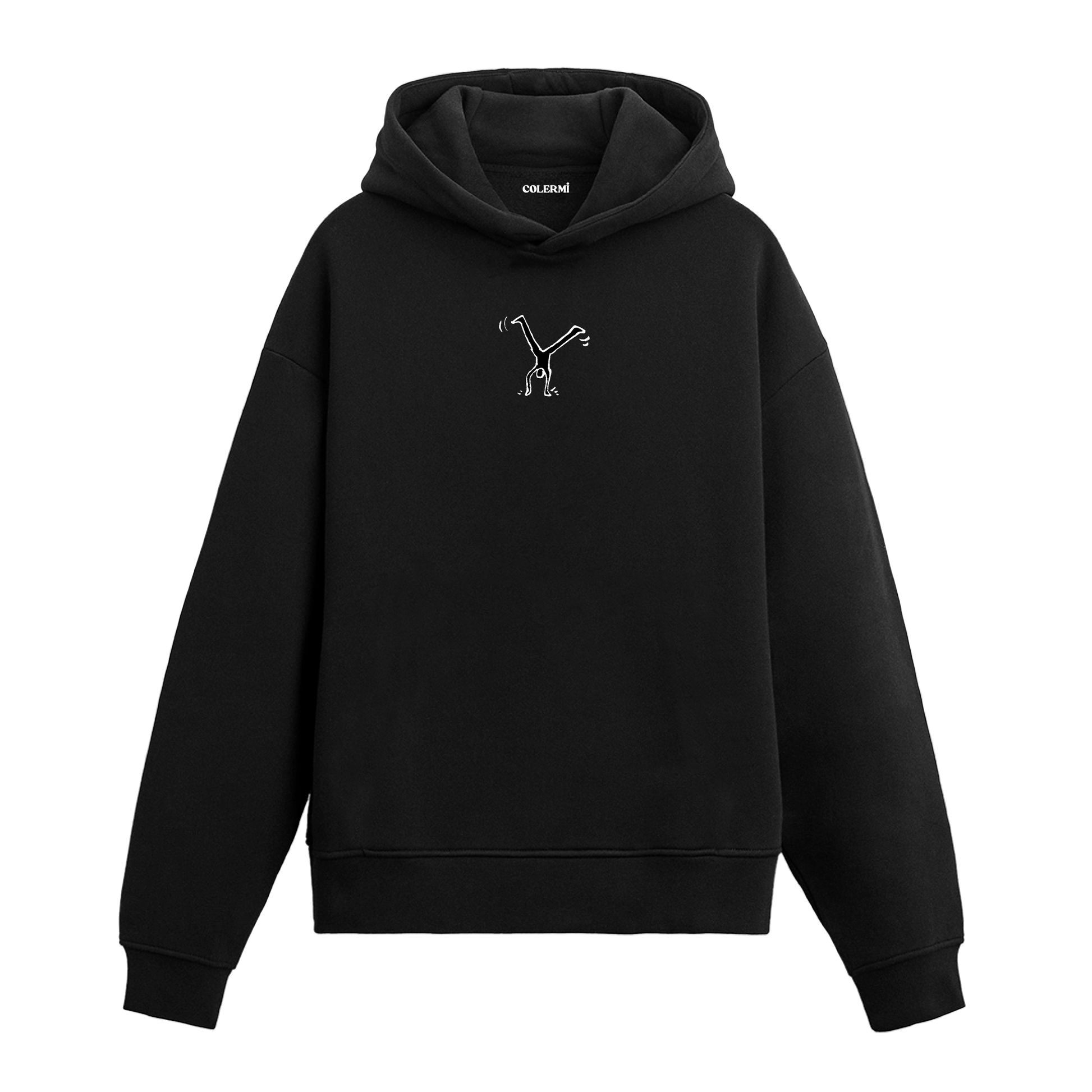 Siyah hoodie, elleri üzerinde duran adam baskısı, pamuklu unisex hoodie