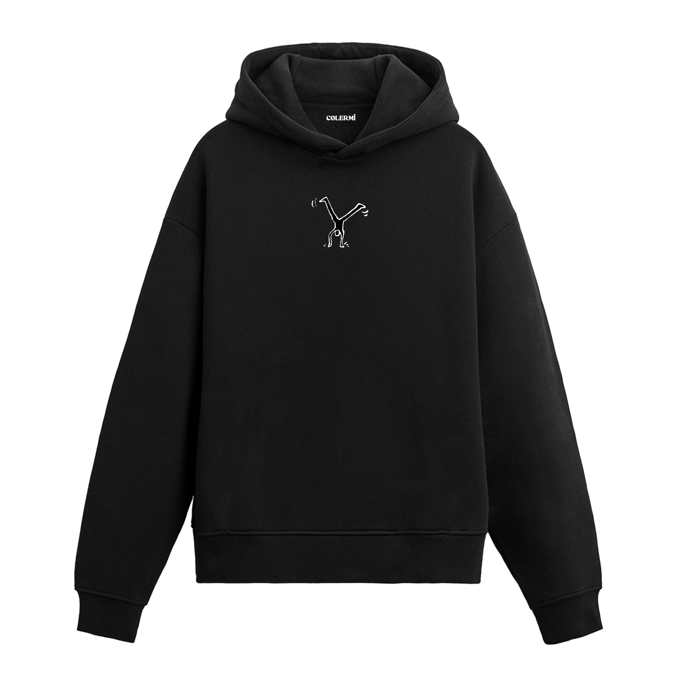 Siyah hoodie, elleri üzerinde duran adam baskısı, pamuklu unisex hoodie