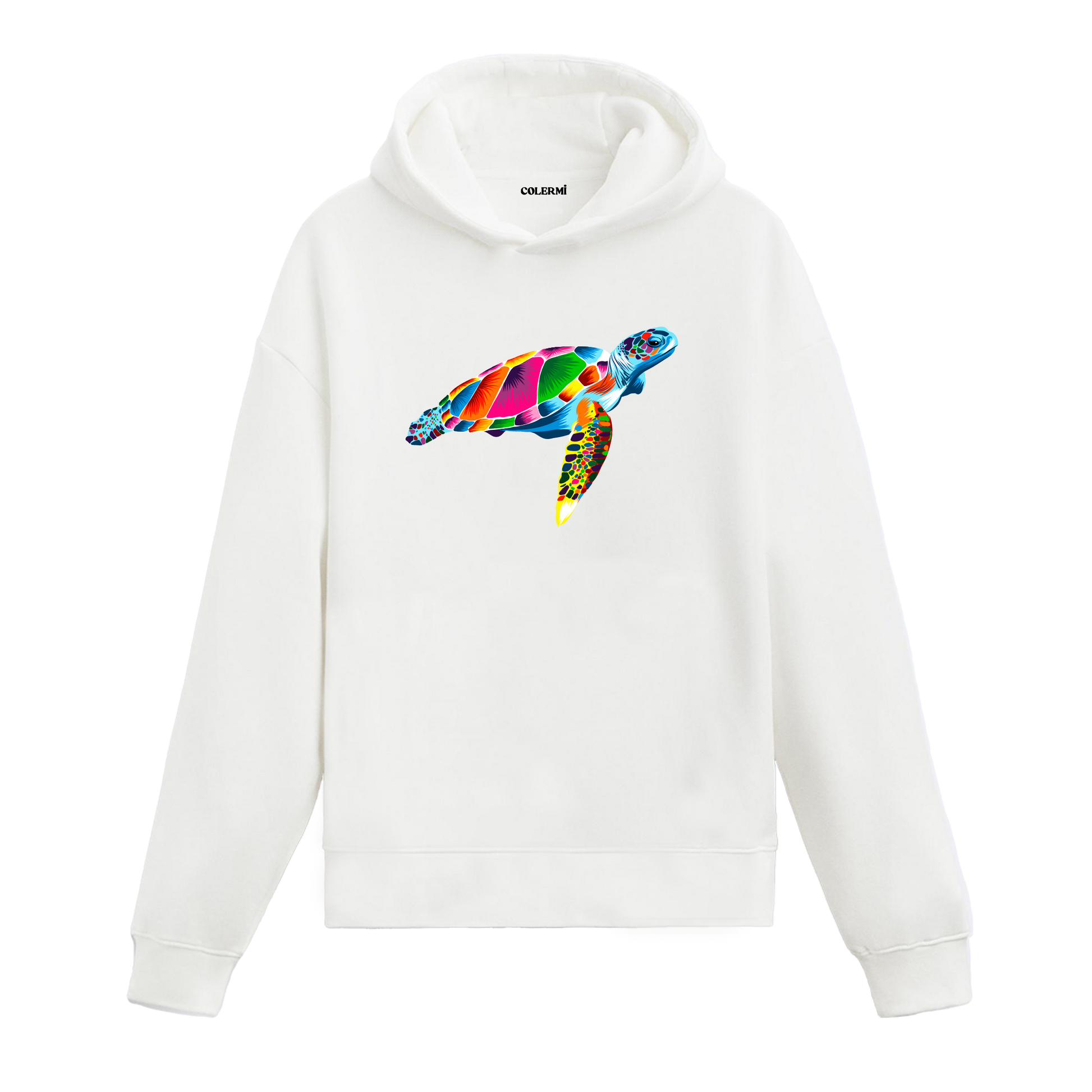Renkli deniz kaplumbağası baskılı beyaz hoodie